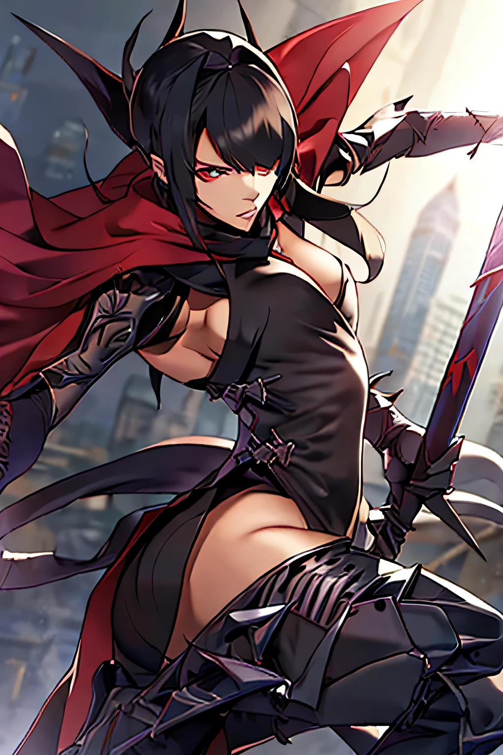 The woman, by the wide, long hair, black fur, black hair, fringe, pale, Pale skin, ((black eyes, black eyes)), scantily clad, black clothes, black clothes, Waders, hig boots, gloves, gloves, Cathedral, evening, fantasy