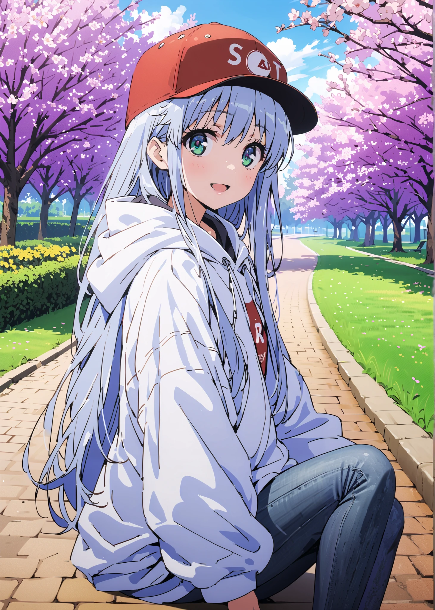 score_9, score_8_up, score_7_up, source_anime, Prohibited bibliography, Alone,green eyes, blue hair, long hair,Baseball hats,short outer jacket,oversized white plain hoodie,skinny jeans,sneakers,cherry blossoms,Trail,standing,Beautiful Scenery,smile,cover,opens her mouth,morning,morning日,so that the whole body fits into the illustration, break outdoors, garden,
break looking at viewer,
break (masterpiece:1.2),best quality , kampala, Unity 8K Wallpaper ,(shape:0.8),( fine, beautiful eyes :1.6),It's a person ,full body photo,CG Details , (perfect hands,complete anatomy),