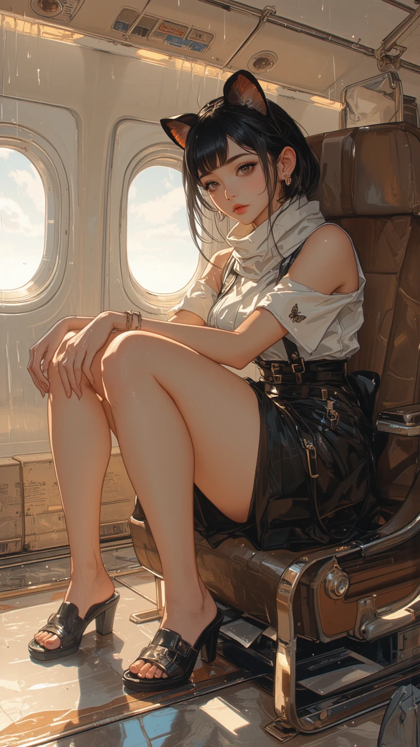 (masterpiece:1.2, best quality), 1 Girl, Solitary, Airline stewardess, , airplane, Serving passengers, Provide guidance, Responding to emergencies, Bangs, (shiny skin:1.15),