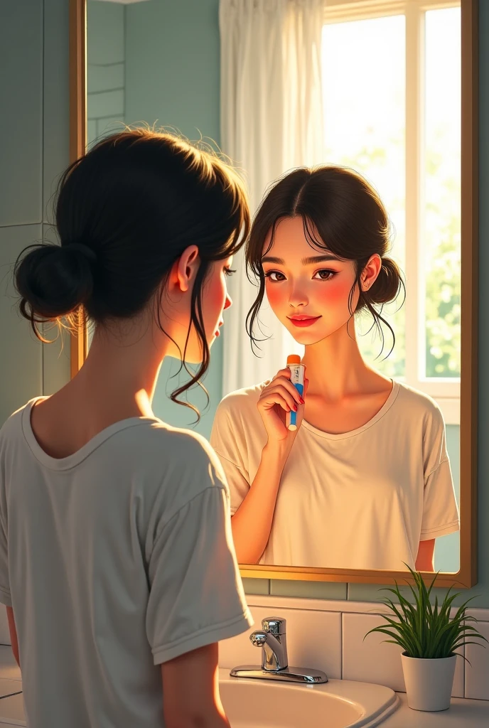 Image of a person waking up and smiling at the mirror.