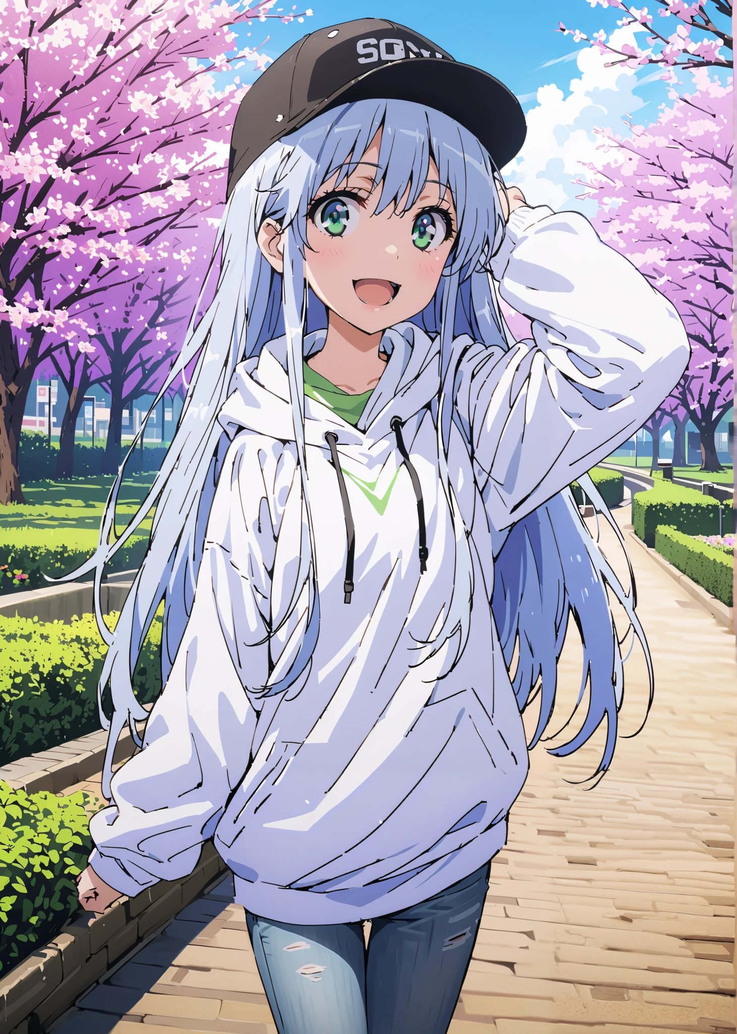 score_9, score_8_up, score_7_up, source_anime, Prohibited bibliography, Alone,green eyes, blue hair, long hair,Baseball hats,short outer jacket,oversized white plain hoodie,skinny jeans,sneakers,cherry blossoms,Trail,standing,Beautiful Scenery,smile,cover,opens her mouth,morning,morning日,so that the whole body fits into the illustration, break outdoors, garden,
break looking at viewer,
break (masterpiece:1.2),best quality , kampala, Unity 8K Wallpaper ,(shape:0.8),( fine, beautiful eyes :1.6),It's a person ,full body photo,CG Details , (perfect hands,complete anatomy),