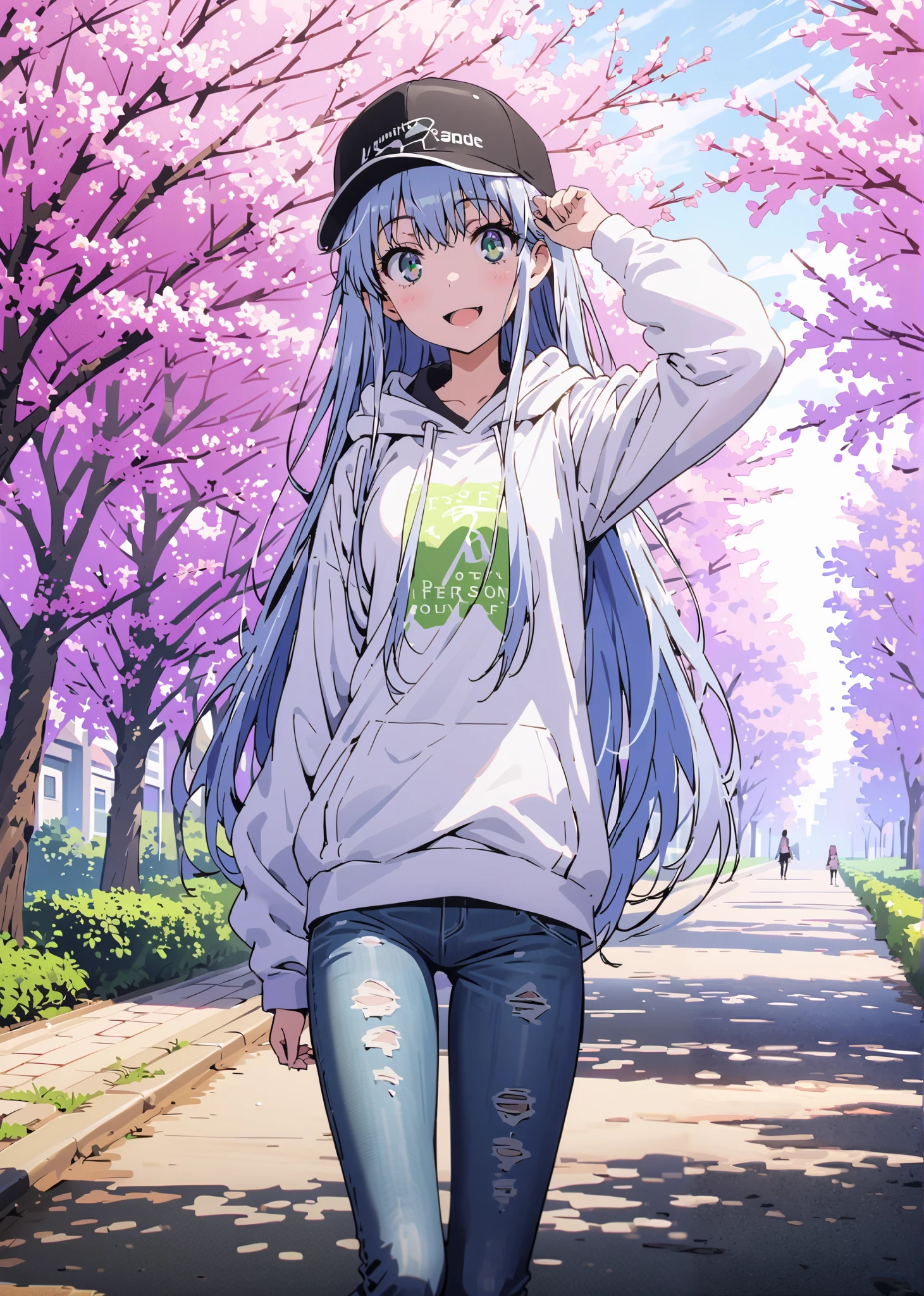 score_9, score_8_up, score_7_up, source_anime, Prohibited bibliography, Alone,green eyes, blue hair, long hair,Baseball hats,short outer jacket,oversized white plain hoodie,skinny jeans,sneakers,cherry blossoms,Trail,standing,Beautiful Scenery,smile,cover,opens her mouth,morning,morning日,so that the whole body fits into the illustration, break outdoors, garden,
break looking at viewer,
break (masterpiece:1.2),best quality , kampala, Unity 8K Wallpaper ,(shape:0.8),( fine, beautiful eyes :1.6),It's a person ,full body photo,CG Details , (perfect hands,complete anatomy),