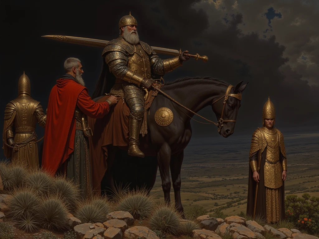 pintura de um homem, a woman and a child, The man holds a spear with one hand and embraces the woman with the other, The woman hugs the child, behind it has a horse, Bragi, nordic mythology, а fantasy proto-norse mythology, Directed by: Tibor Rényi, Directed by: Sasha Putrya, grande rei de stovokor, Directed by: Roman Bezpalkiv, Directed by: Eugene Zak, Directed by: Andrew Wroblewski, PØdegaard and SZago