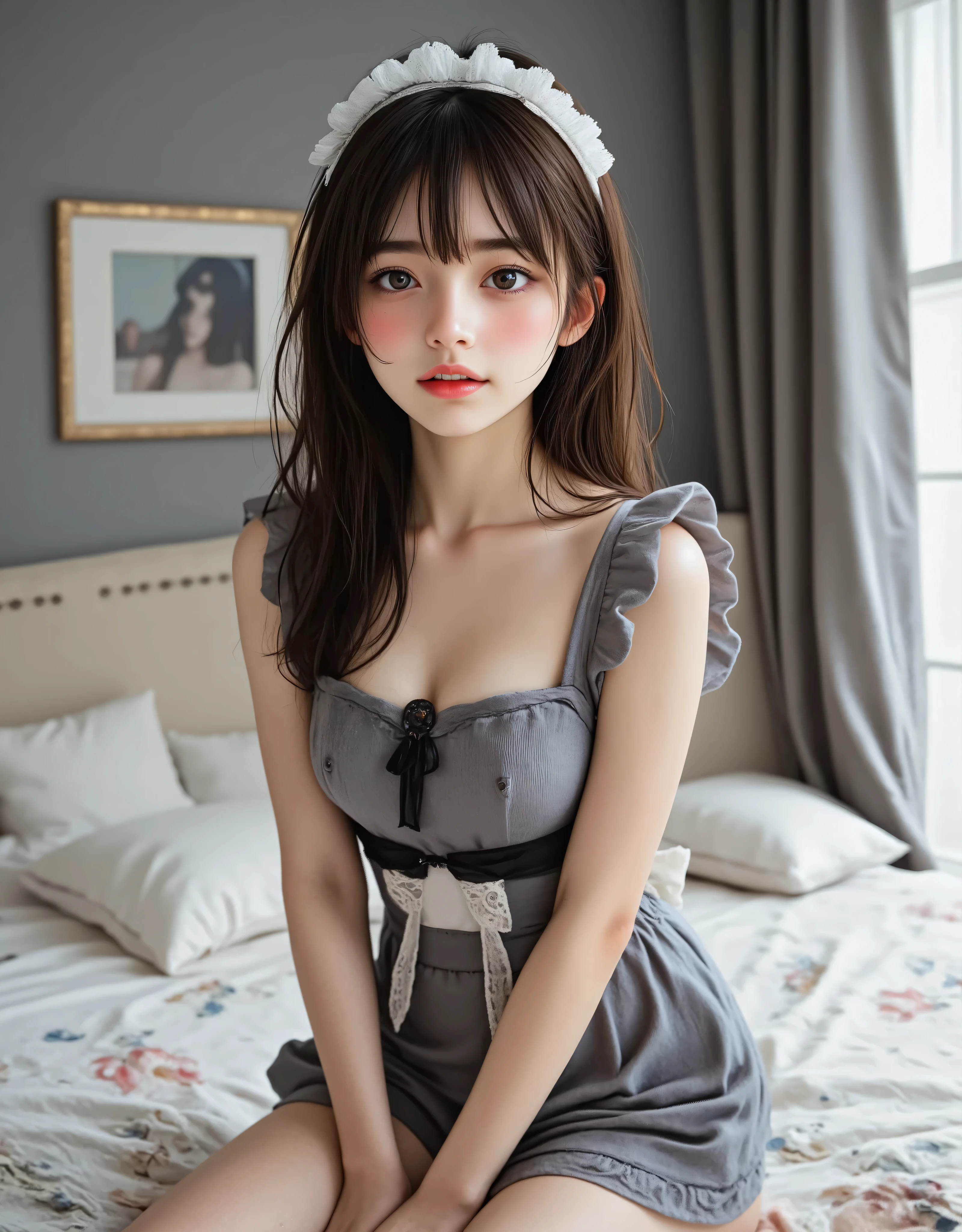 (( Accurate)), ( No Lens Flare :1.5), ((超high resolution)), (masterpiece), accurate,(Realistic texture skin), Super Detail, High detail, high quality DVD , winning work, 最high quality DVD, 32K, depth of field, digital camera, award-winning glamour photo , professional lighting,(NSFW), ((最high quality DVD:1.5)), ((masterpiece:1.5)), ((realistic)), high resolution,Realistic shadow, Roughness, Real Life,((very beautiful and cute single Japanese woman:1.5)), ((The cuteness of a top Japanese idol)), ((Upper body shot seen obliquely from the front :1.5)), ( upper body shot seen from the side :1.2), (( upper body shot from head to knee :1.8)), (( cute 18-year-old Japanese high school girl )), 1 girl, (( Very cute maid girl with a gray bow )), Beautiful and adorable bedroom , (sitting on a bed), looking here, ( brown medium hair), (white I'm wearing a fluffy headband with big frills on my head:1.5), (Gray ribbon tied ), ((black leather maid shoes may be placed next to the bed)), ((Luxurious white apron with lots of frills)), ( gray ribbon on white apron ), with lots of frills , ((black mesh stockings up to the thighs)), (attractive and seductive pretty sexy posture), black and gray striped knee-high socks up to the thighs, Dreamy and shy expression, Attractive cuteness , Seductive Poses, Height: 160cm, slim figure, beautiful shaped big bust , F Cup, cleavage of bust visible, ((A very cute smile with some teeth showing:1.5)), (alone:1.5), (Only one person in the bedroom), ( show your hands as little as possible ), (brown eyes:1.9), ( Detailed depiction of extremely realistic skin ), (Highly detailed, realistic eyes:1.9), ( extremely beautiful long realistic eyelashes ), (Highly detailed, realistic eyebrows), (丸いbrown eyes :1.8), ( beautiful catchlight on the eyes), (Realistic lips with moisture ), (White Realistic Teeth Arrayed Neatly), ( Beautiful and Detailed Face :1.6), (hourglass figure:1.6), (Wasp waist :1.5), (Perfectly round and beautifully shaped breasts:1.8), ( clearly contoured cheekbones :1.5), (perfect style body :1.8), (Healthy body :1.8), (Narrow shoulders:1.9), (staring at viewers), (mesmerizing gaze on the outer corner of the eye), (Beautiful, natural-looking hands), (beautiful pink nails with a beautiful length), ( playful and curious posture ), gray-themed bedroom , (the whole room is all gray), Grey walls , Gray ceiling , Grey floor , dark gray pillows with white and pink flower patterns are placed on a fluffy gray bed, gray bed sheets with floral patterns , dark gray curtains with flower patterns , Gray furniture , soft white lighting , (dreamy cozy atmosphere), fantasy style, Glow effect, ((Pretty bright dynamic lighting that makes my skin look beautiful )), (Pretty bright lighting ), ((A dark red pillow with a white and pink flower pattern is placed on a fluffy red bed with a color temperature of 5500 kelvin )), ( show your hands as little as possible ), (I can't show my feet), Accurate ,Accurate , Accurate,(5 fingers on one hand ), ((M-shaped leg opening)), (((Stand on both knees and spread your legs wide to show your female genitals))), (can see an erect clitoris), ((legs spread wide)), (( beautiful nipples and large areolas can be seen :1.5)), ((( I can see real female genitals:1.8))), ((I have a lot of pubic hair)), ( color temperature 5500K )