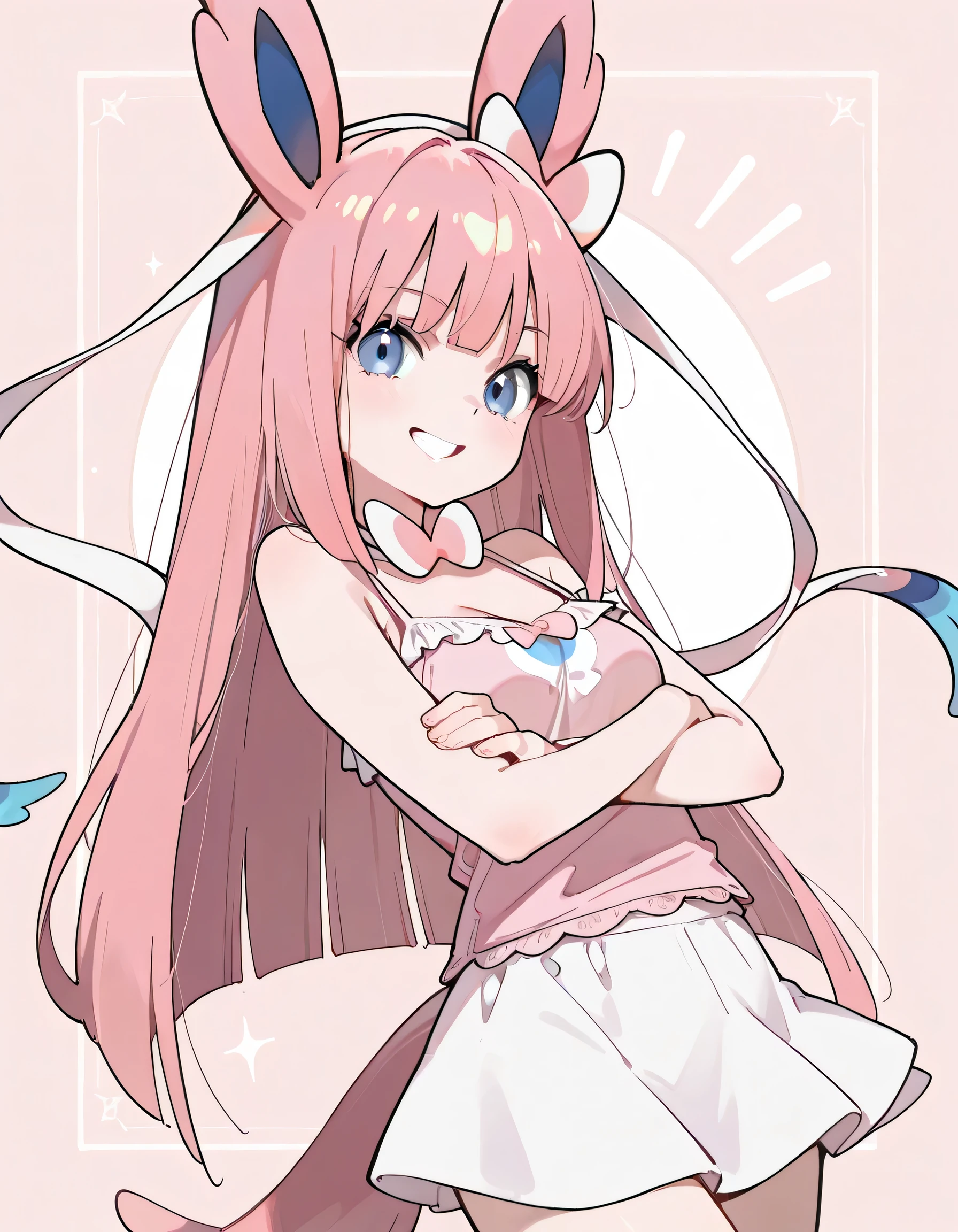 solo,(leaning back),looking at viewer,1girl,18years old,patel pink long straight hair,bangs,natural cosmetic,grin,(offshoulder pastel pink Sylveon(pokemon) design camisole,mini skirt),adult female face,crossed arms,soft lineart, (pastel Inside a stylish cafe background),