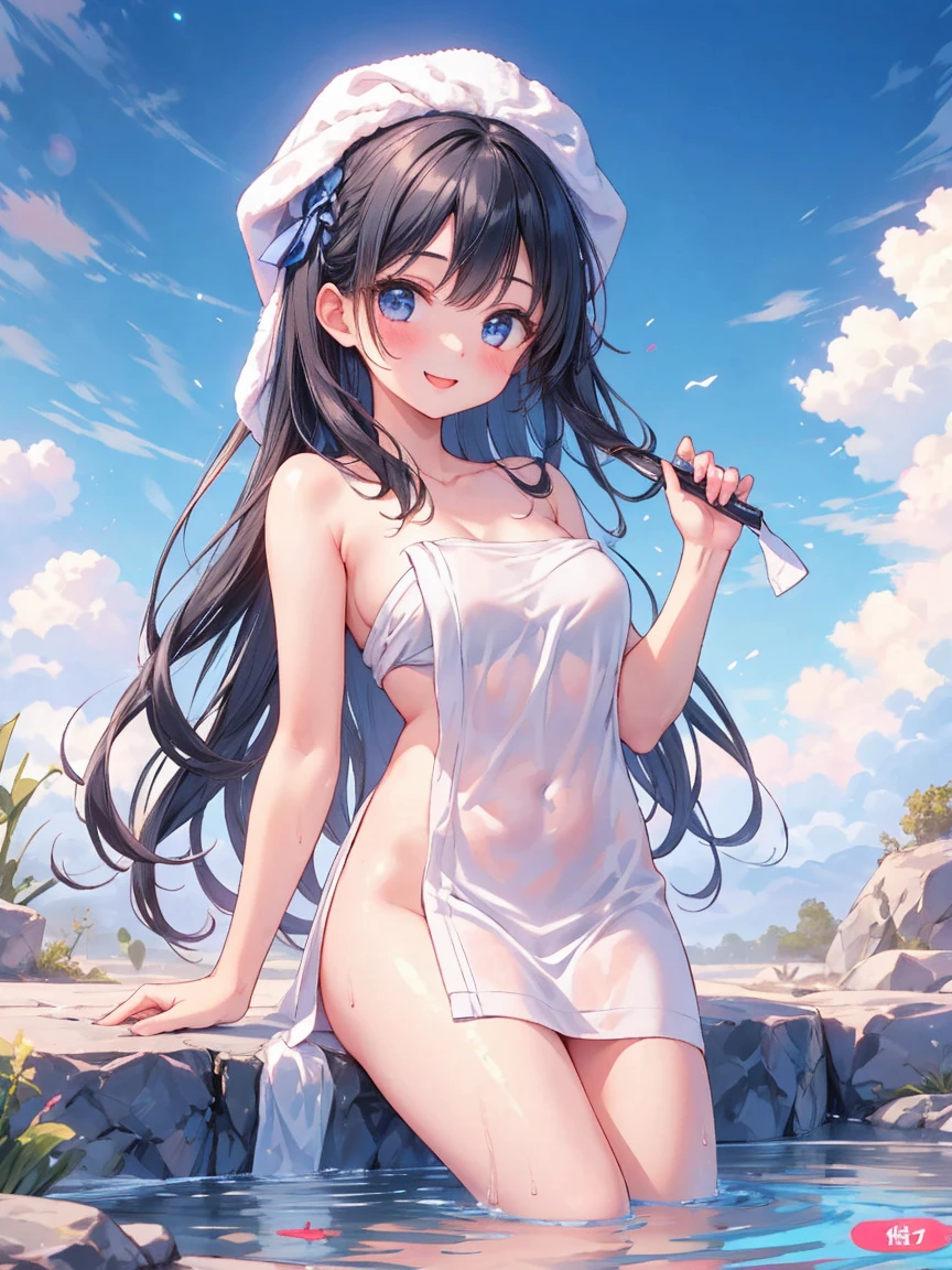 Absurd, One girl, Ocean, handrail,topless, White Skirt, Sun hat, smile, (wave hands:0.9), White skin