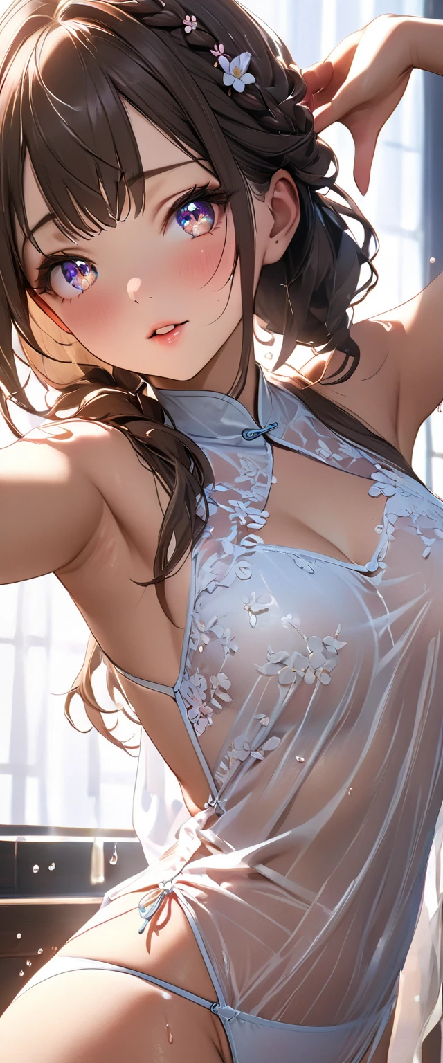 ((Masterpiece, best quality, high quality, highly detailed background)), ((chapel bedroom:1.3, medieval village window view, blue sky:1.3)), ((Nausicaa, mature female, white bridal veil:1.3, white arm gloves:1.3, white stocking:1.3, large breasts:1.3, exposed nipples:1.3, exposed breasts:1.3, navel)), ((shy, open mouth, blushing)), ((cowboy shot, standing in front of the bed, sexy pose, (face focus), looking at viewer))