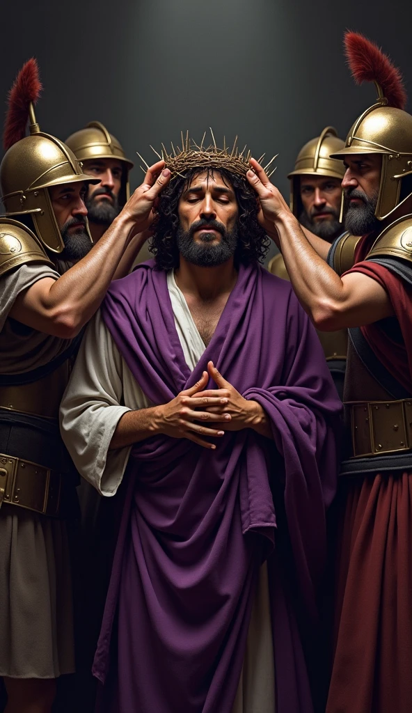 Alors Pilate prit Jésus, et le fit battre de verges. Les soldats tressèrent une couronne d’épines qu’ils posèrent sur sa tête, et ils le revêtirent d’un manteau de pourpre; puis, s’approchant de lui, ils disaient: Salut, roi des Juifs! Et ils lui donnaient des soufflets. »