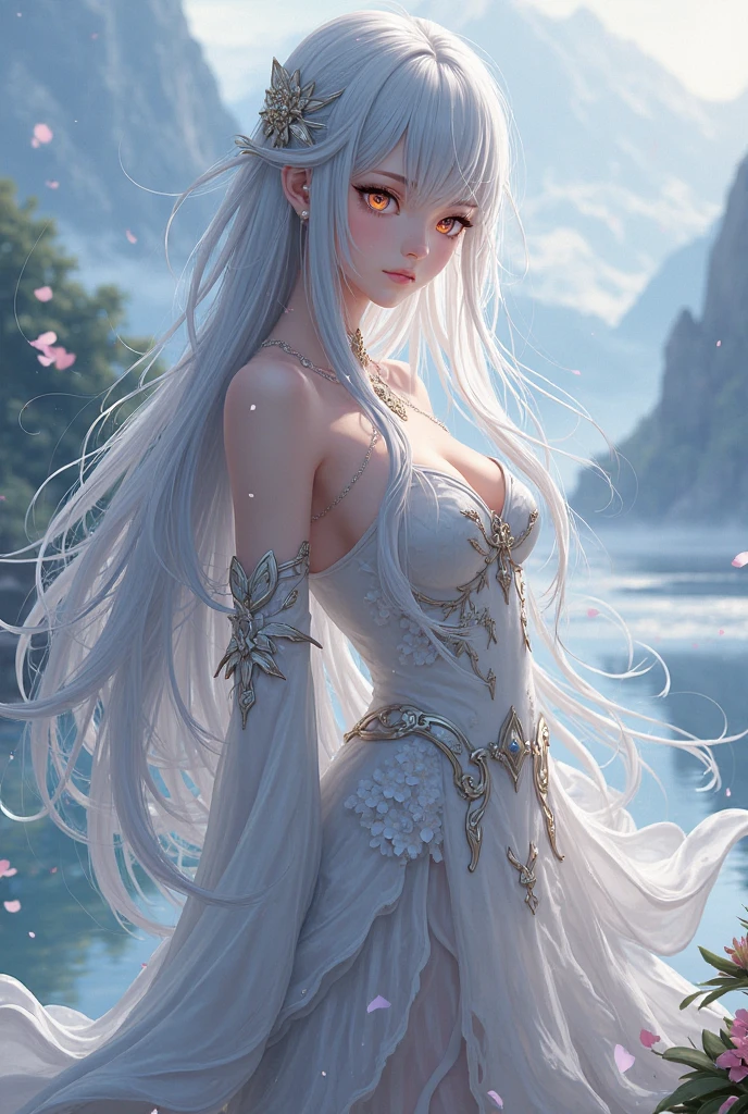 1 woman, Beautiful elf lady, silver white Long straight hair, upturn elf pointy ears, sexy figure, charming breast, white skin, very beautiful face, detailed face, delicate eyes, detailed pupil, beautiful and delicate lips, blush, shy, heart, in love, light smile, white camisole long skirt, Simple and stylish, small crystal earrings, hand drawn animation, high detailed, outdoor, symmetrical clothes, best quality, masterpiece, retina,