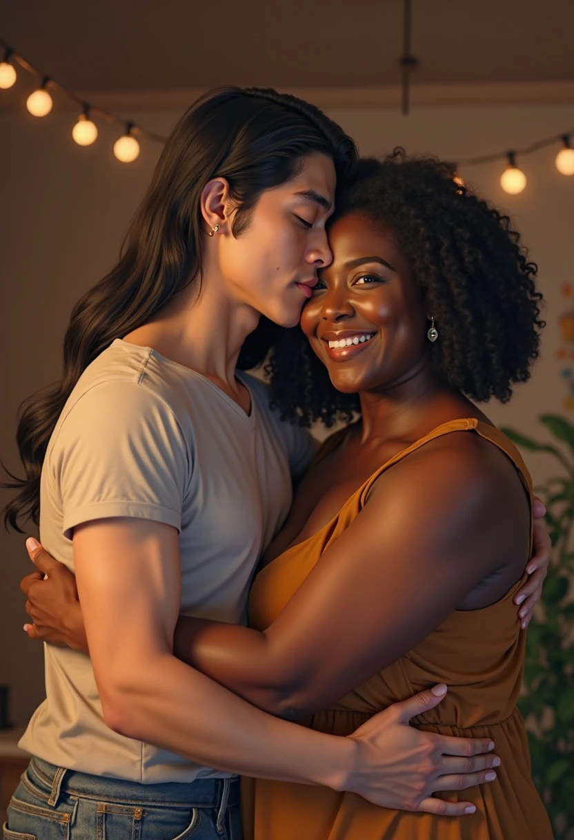 Asian boy with perfect features and a good body hugging an ugly black woman who is having a birthday, The boy has long, straight hair that reaches the height of his eyebrows., The girl is 1