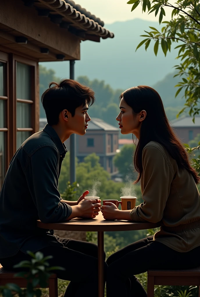 Create an image where there are five people, They are two twin men and three women in love with them where these people are Korean and they are about 2. cover of a romantic-dramatic work. Let the image be realistic ( THERE ARE 5 PEOPLE IN THE PICTURE).