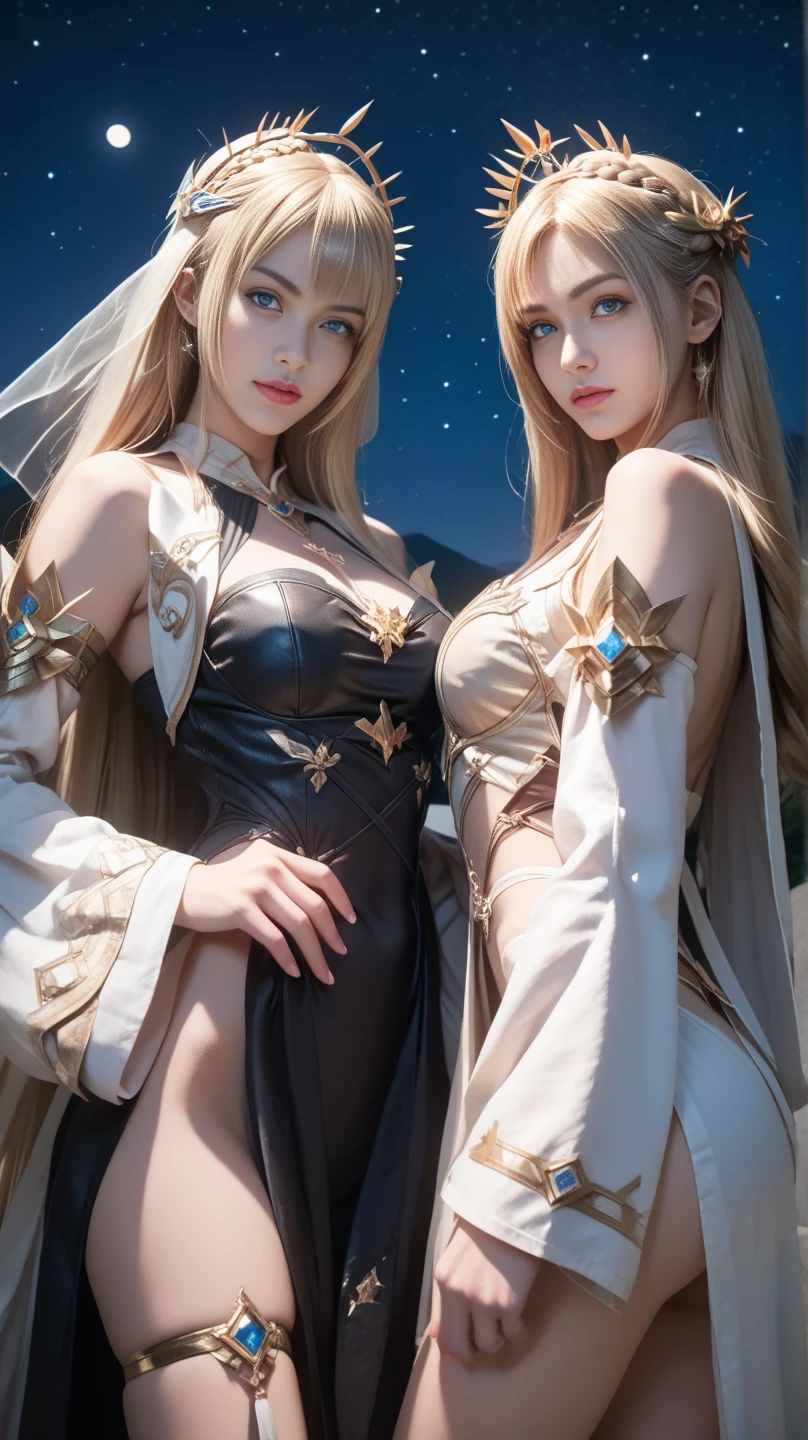 in summer,stars,comic,wallpaper,witch,absurdly long hair,platinum blonde hair,gradient hair,hime_cut,crescent hair ornament,beautiful detailed eyes,white eyebrows,white colored eyelashes,mole under eye,large breasts,bound legs,female pervert,huge_filesize,spread