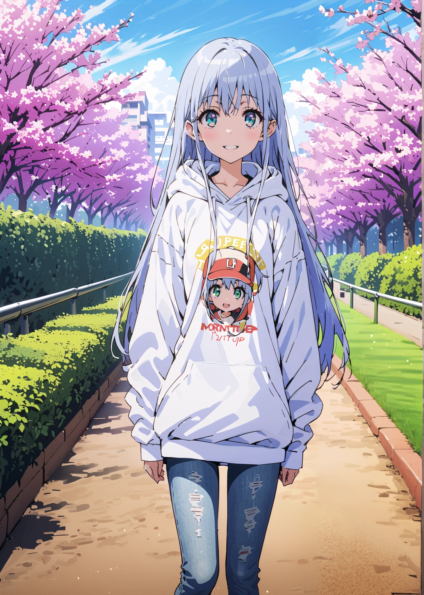 score_9, score_8_up, score_7_up, source_anime, Prohibited bibliography, Alone,green eyes, blue hair, long hair,Baseball hats,short outer jacket,oversized white plain hoodie,skinny jeans,sneakers,cherry blossoms,Trail,standing,Beautiful Scenery,smile,cover,opens her mouth,morning,morning日,so that the whole body fits into the illustration, break outdoors, garden,
break looking at viewer,
break (masterpiece:1.2),best quality , kampala, Unity 8K Wallpaper ,(shape:0.8),( fine, beautiful eyes :1.6),It's a person ,full body photo,CG Details , (perfect hands,complete anatomy),