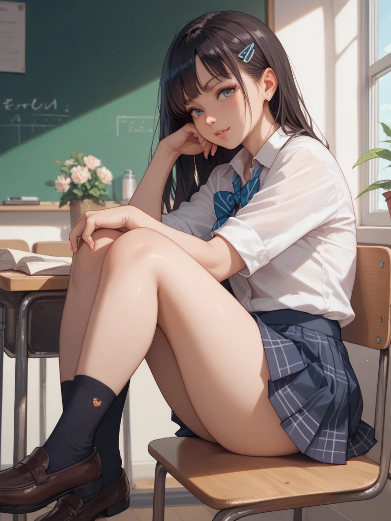 There was a woman with her feet on a chair,detailed digital anime art,8K high quality detail art,smooth anime cg art,Trends on CGSTATION,surreal school girl,Detailed legs,giantess art,surreal school girl