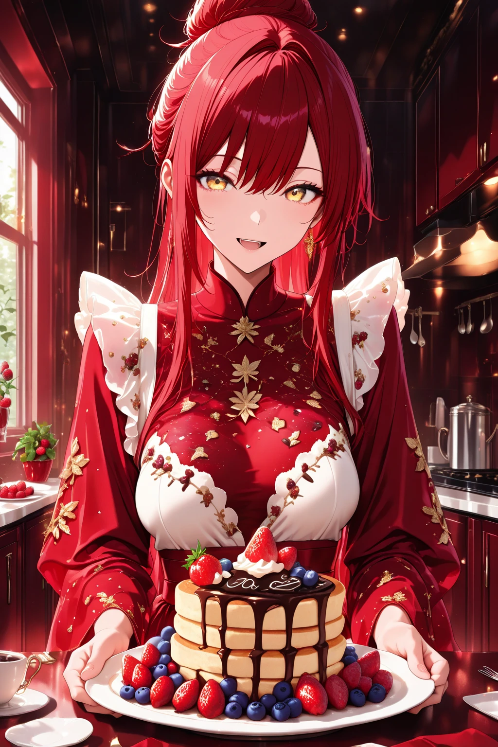 masterpiece, best quality, amazing quality, very aesthetic, newest, hyper-detailed, 1girl, red hair, long hair, single hair bun, sidelocks, golden eyes, , in a modern kitchen at the table, a plate full of pancakes, garnished with chocolate sauce, strawberries, raspberries, blueberries and cream, holding a chocolate decorated strawberry towards the viewer, smile, open mouth, wearing a red summer dress