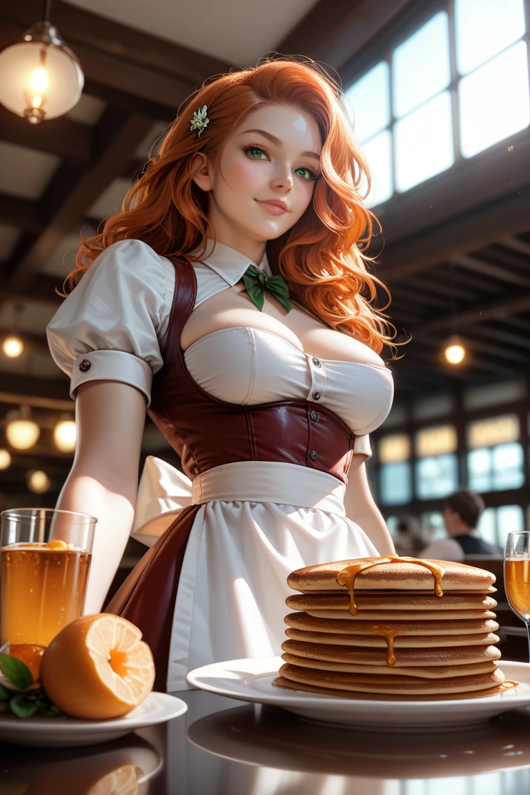 Dilara Toprak, full body potrait of a photorealistic Turkish beautiful woman, wearing coffee shop apron, seductive outfit with breast cleavage, writing on a carboard cup, green colors dominant picture, green and brown colored coffee shop apron, standing in a coffee shop, coffee shop employee outfit, writing on a carboard cup, seductively looking at the camera, cleavage around breasts, Turkish face features, light hair, a stunning realistic photograph 20 years, full body wide image, orange colored hair, brown eyes, hyperdetailed painting, realistic, davinci, erte .12k, intricate. hit definition , cinematic, real life human