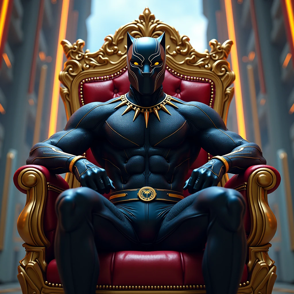 Black Panther sitting on the throne of Wakanda with the uniform, balck Panthers with vibranium colour background