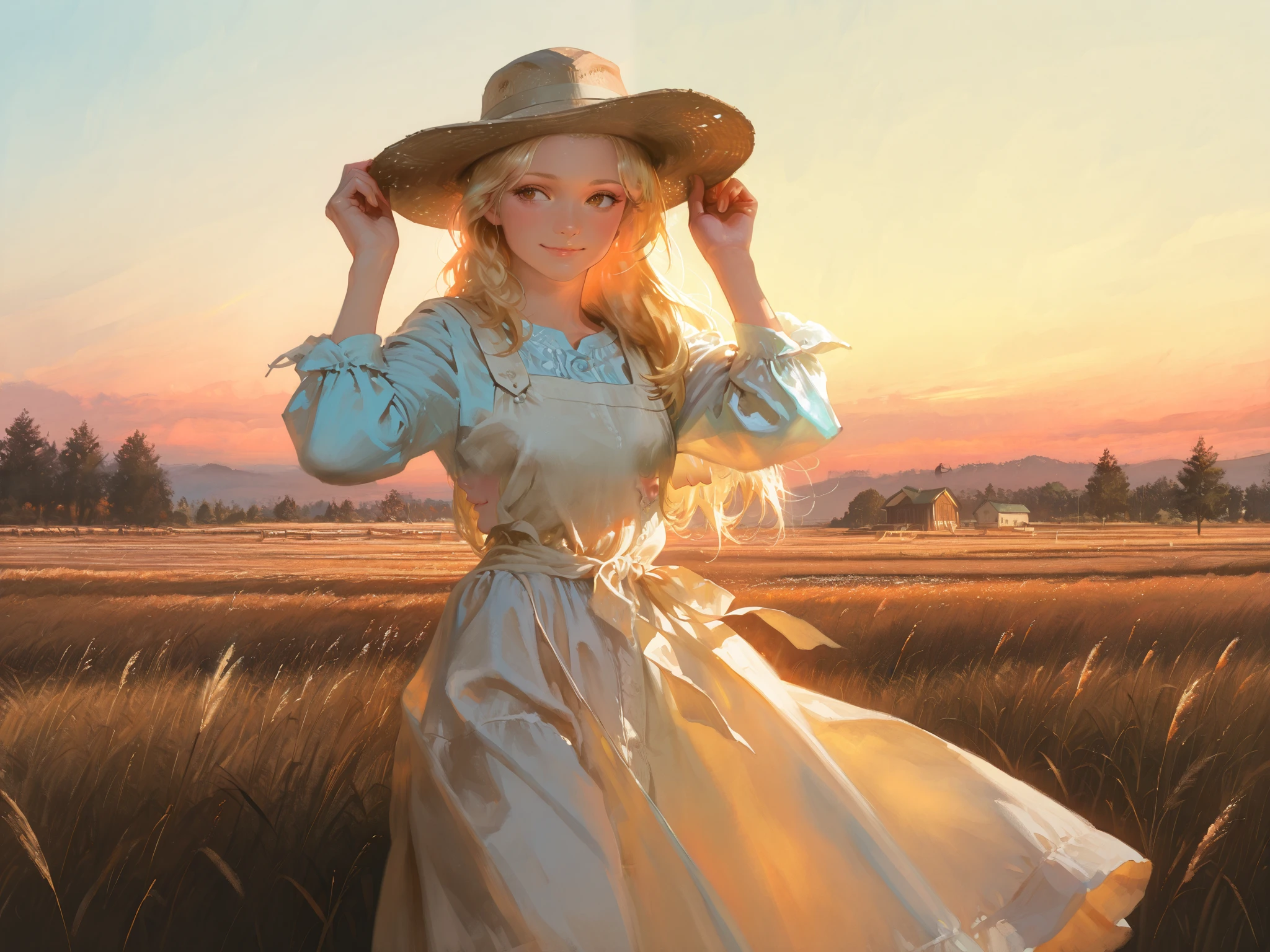 HDR, 8K, high contrast, masterpiece, best quality, amazing quality, very aesthetic, traditional paint artstyle, realistic, newest, Kinu Nishimura, Antonio J. Manzanedo
BREAK
a blonde woman standing in a farm, flowing dress, farmer's hat, holding onto hat, looking to side, warm smile, warm light, historical style, oil painting, with visible brushstrokes, composition is dynamic, strong visual focus, pastel-like colors, slightly golden-tone lighting, atmospheric, outdoors.