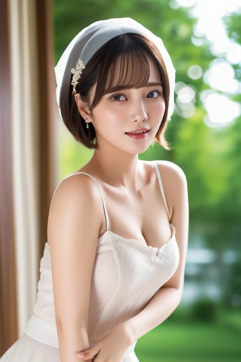 (realistic、Like a photograph、live action、8k, Photoreal, RAW photo, best image quality: 1.4), Single-lens reflex camera、RAW photo, highest quality, realistic, Highly detailed CG Unity 8k wallpaper, Depth of written boundary, cinematic light, Lens flare, ray tracing, realistic background、(Wedding dress:1.5、cleavage:1.37、big breasts、lift:1.2)、((super dense skin))、 1 female,cute japanese woman、japan bride、((completion:1.5)、looking at the viewer:1.1、embarrassed look、random hairstyle:1.2、i like the style、Snazzy、Super detailed、pay attention to details、long hair、hair arrangement、hair is up、perfect bridal dress、(white skin)、beautiful feet:1.1、standing in the garden、great atmosphere、View from the front、beautiful background、Detailed background depiction、detailed portrait