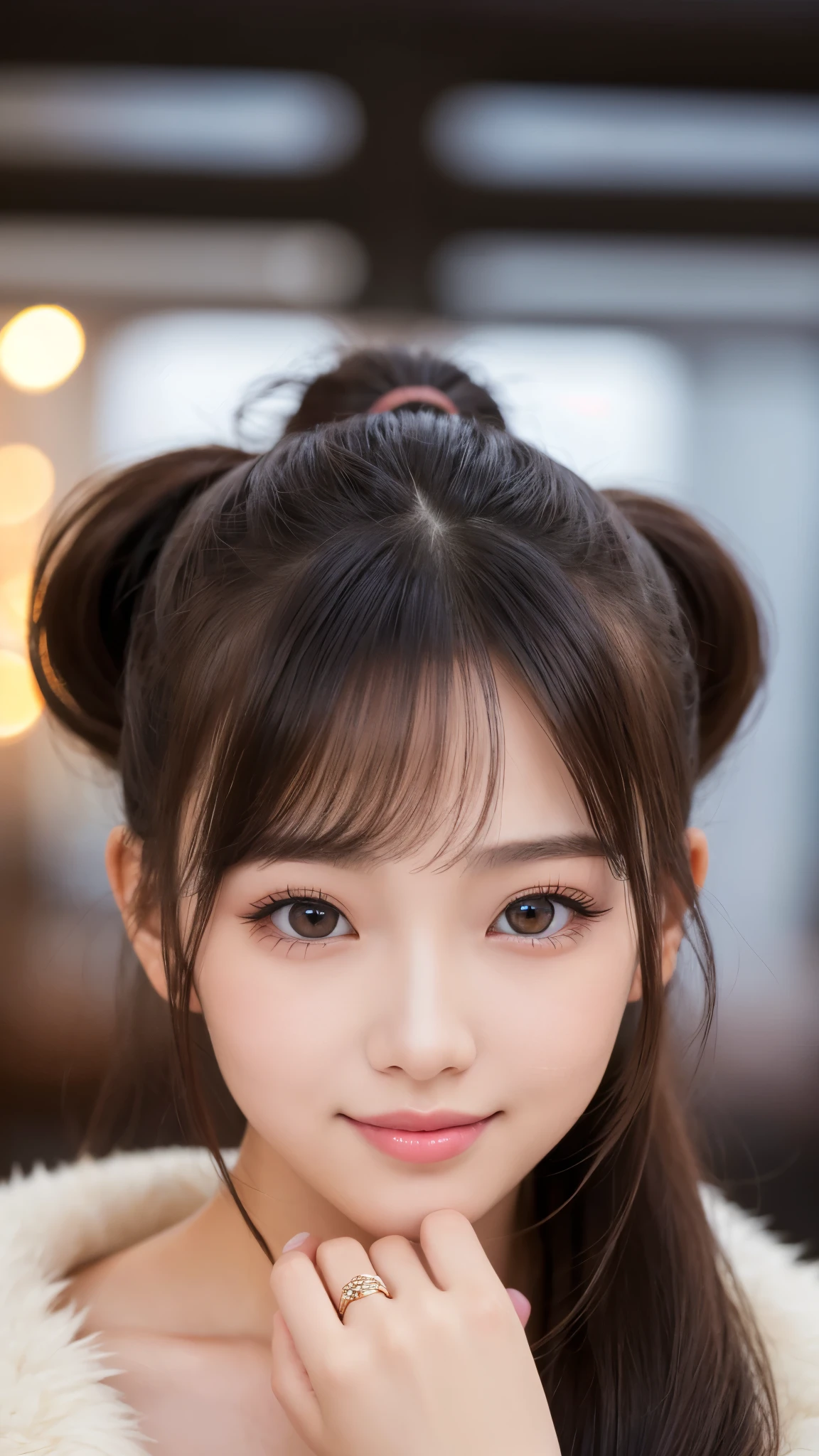 highest quality, realistic, 8K, High resolution, 1 girl, woman, (skin dents), (portrait:0.6), nice, ((white background, naked, small breasts:1.65)), (Long brown hair in twin tails, parted bangs:1.4), looking at the viewer, (1 girl eyes looking at the viewer:1.6), realistic, (Bokeh), (closed mouth, smile:1.3), nice, Pueros face_V1:1,