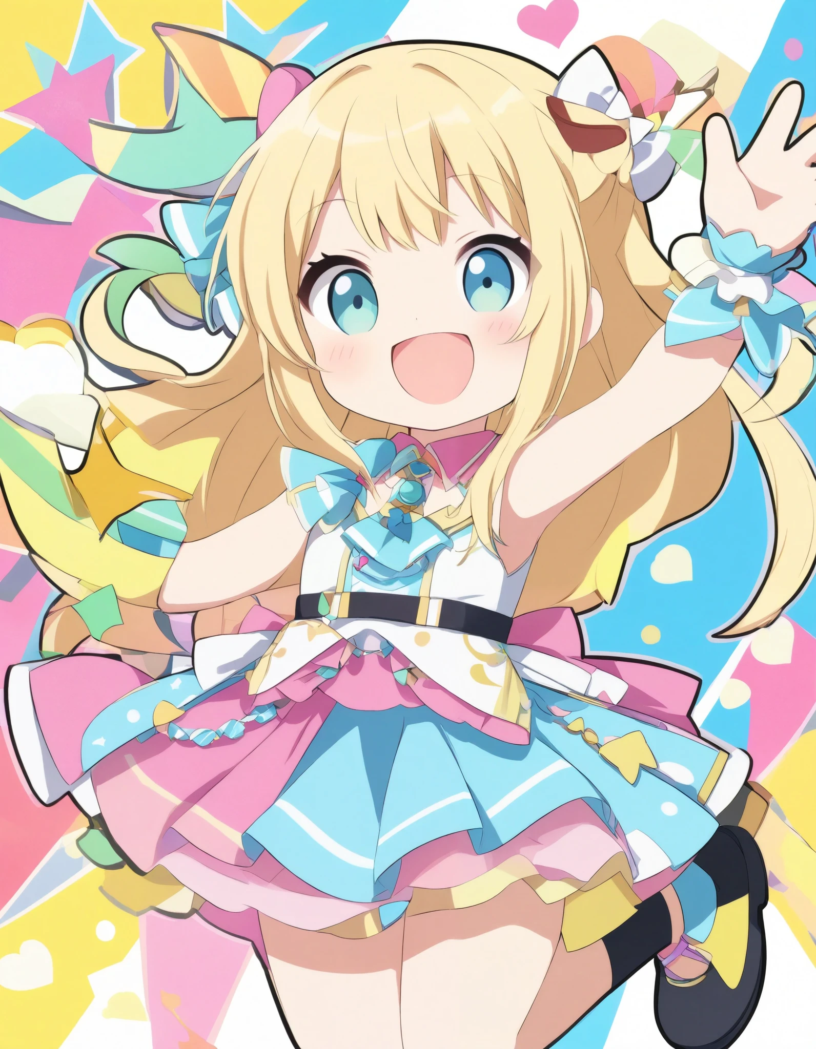 little character、Mini Size、bun hair、yellow hair、idol costume、pop art、 pastel colored posters 、happy、looks like fun、smile、jump、jumps up and down