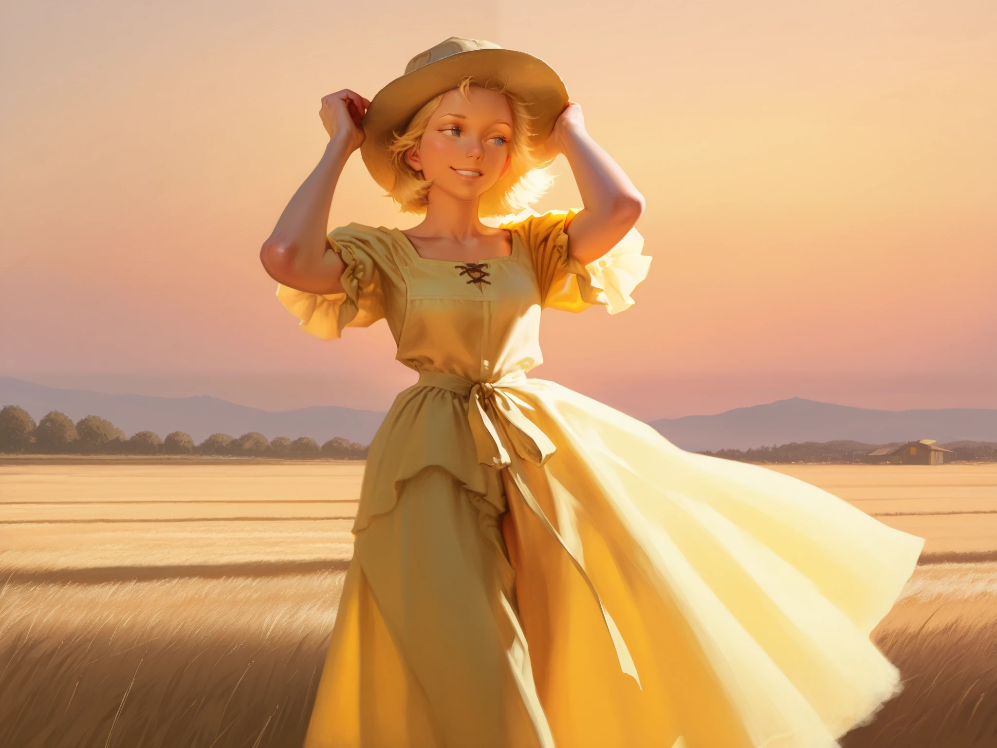 HDR, 8K, high contrast, masterpiece, best quality, amazing quality, very aesthetic, traditional paint artstyle, realistic, newest, Kinu Nishimura, Antonio J. Manzanedo
BREAK
a blonde woman standing in a farm, flowing dress, farmer's hat, holding onto hat, looking to side, warm smile, warm light, historical style, oil painting, with visible brushstrokes, composition is dynamic, strong visual focus, pastel-like colors, slightly golden-tone lighting, atmospheric, outdoors.
