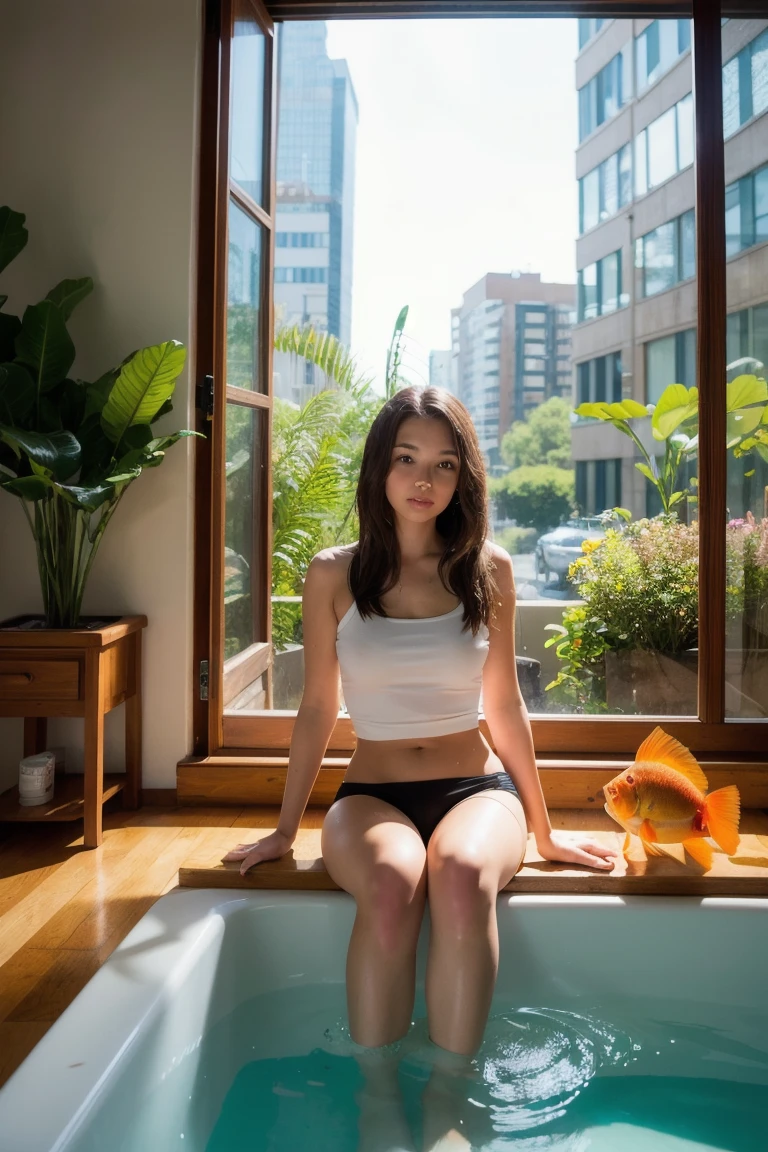 1girl, (15yo, cute:1.3), (breasts:1.2), (looking at viewer:1.4), cozy bathroom made out of pebbles with a lot of rain forest plants and a sky light,