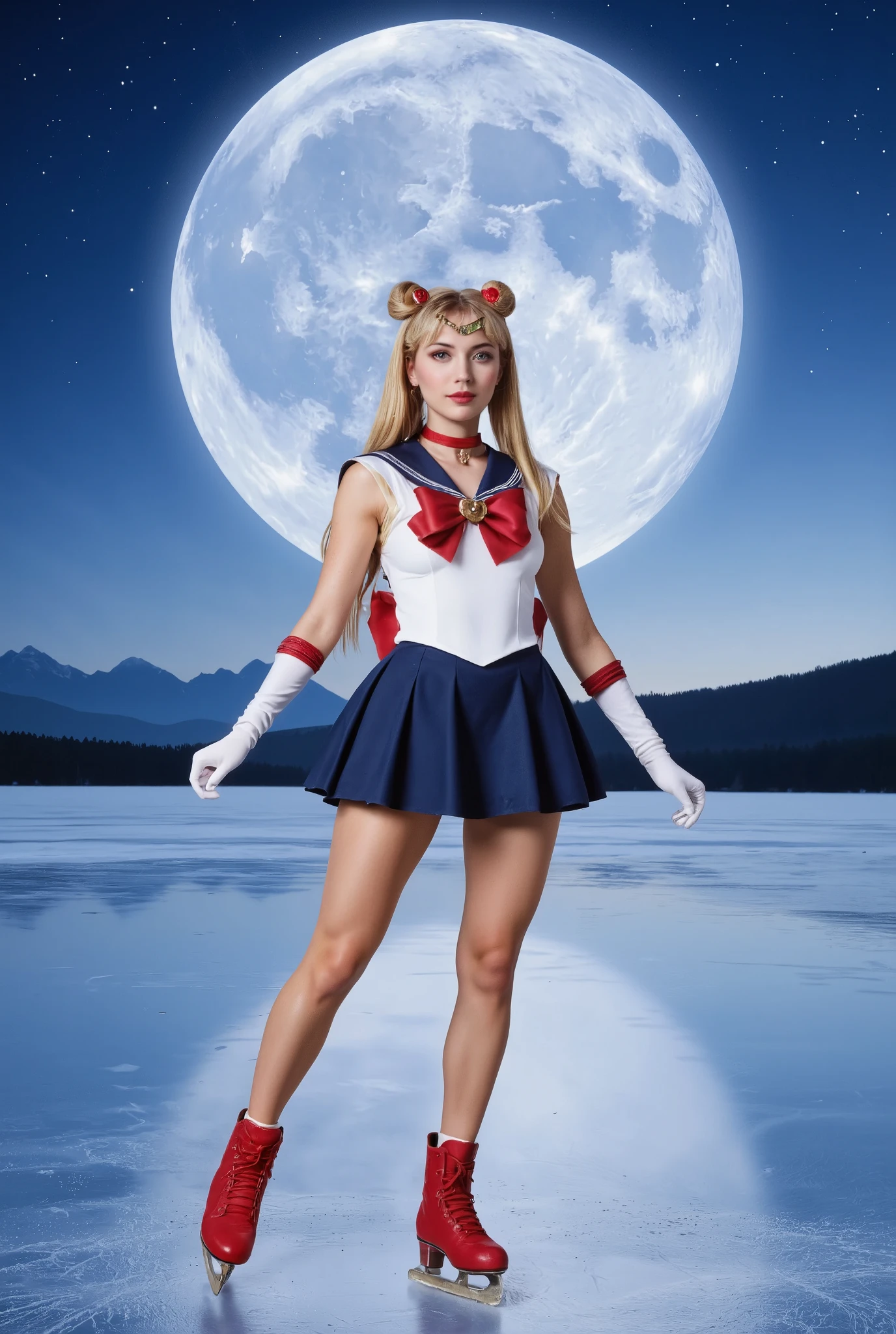 Create a realistic photo of a stunning 20-year-old girl with fair skin and very long straight hair styled in twin tails with two round buns. She is wearing a Sailor Moon costume and red skates, performing figure skating on a frozen lake. The background features a large, captivating moon that fills the entire screen.