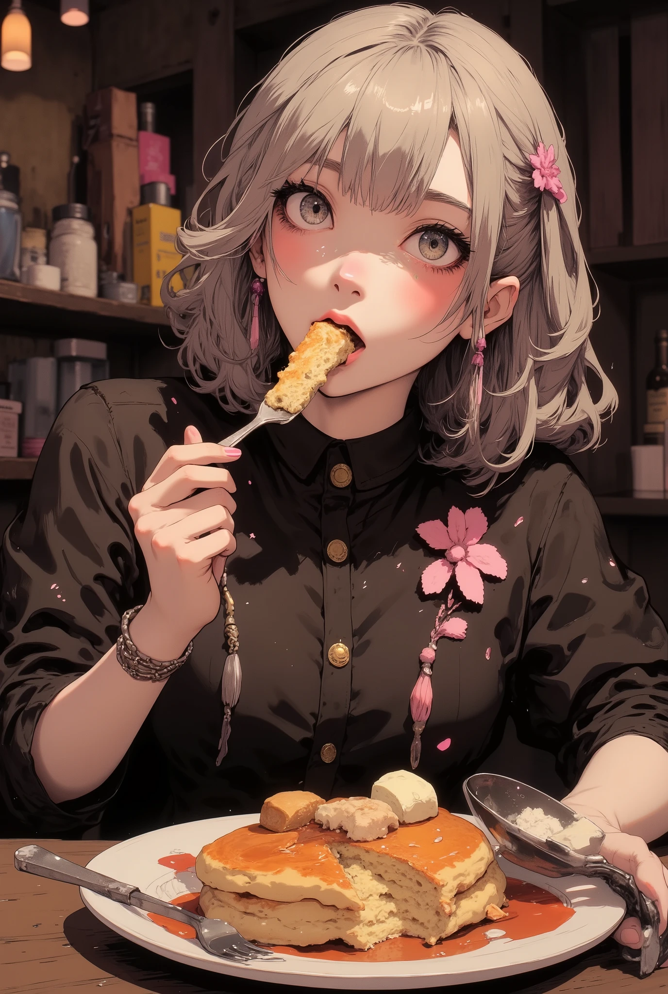 (((dramatic angle))), (((Macro))), (close up shot : 1.8), (low angle:1.8), Ultra-realism, (pancake focus : 1.8), 1 girl with opening mouth, ((Pupil details, sparkling eyes)), thick lips, open mouth, profile, (((side view))), from side, high quality, soft silver medium length hair, Muddy pink off-shoulder blouse, beautiful detailed, beautiful hair, (((five fingers))), Anatomically correct, (((woman eating pancakes))), sitting on chair in front of table, stylish and beautiful, (((She's eating a slice of pancake stuck in her fork))), (((The number of fingers holding the fork must be five))), pancakes on the table, pancakes covered with plenty of syrup and butter, stylish cafe, cinematic lighting, high Definition model, high detail, (((The textures are soft))), ((matte and toy-like with a handmade premium look)), (((Tim Burton style))), beautiful woman, perfect body, anime style, simple lines, (intricate details:1.1), 