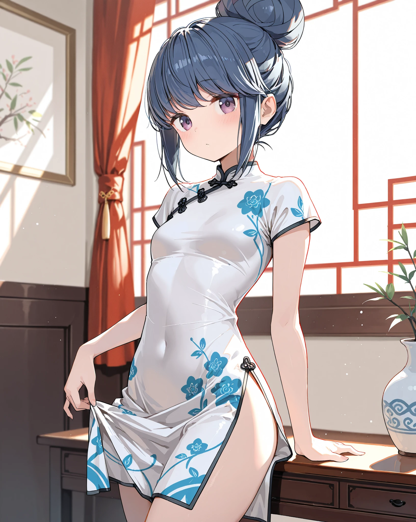 masterpiece,Top image quality,hight resolution,imagem 4k,Raw photo,Photorealsitic,{Solo},teens girl,Embarrassment,Silver Short Bob,stare at each other,Wet,Blue eyes,小柄,tits out,Silver fox ears,Fox tail,Bathing in water,boyish,qipao dress,