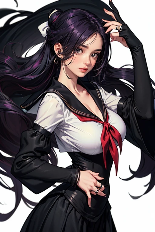 Masterpiece, top-quality, the best quality,1girl, solo, crossed arms, dress, white background, black hair, long hair, looking at viewer, simple background, chinese clothes, long sleeves, breasts, china dress, hair bow, cowboy shot, bow, red lips, side ponytail, parted lips, floral print, bangs, ponytail, blue bow, black dress, standing, lips, side slit, medium breasts, white shirt, shirt, belt, black eyes,watching the audience