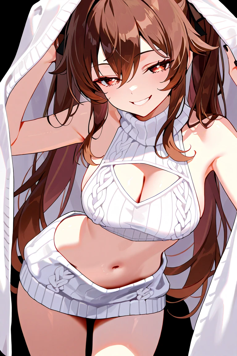 Detailed image of a loli, Light brown hair long and loose aesthetic tousled, red eyes sharp and seductive, Beautiful face, smiling, full lips, wolf ears and tail, with earrings, medium breasts, blushing eyeshadow, long thick eyelashes, posing sensually, dressed only in a low-cut sweater, small waist, wide hips, large round buttocks, beautiful thick bare thighs, view from behind, shallow depth of field, volumetric lighting, Shadow Enhancement, Detailed cityscape, Shoulder blades (Highest quality, Amazing details: 1. 25), (only: 1.3), Bright colorful paintings.