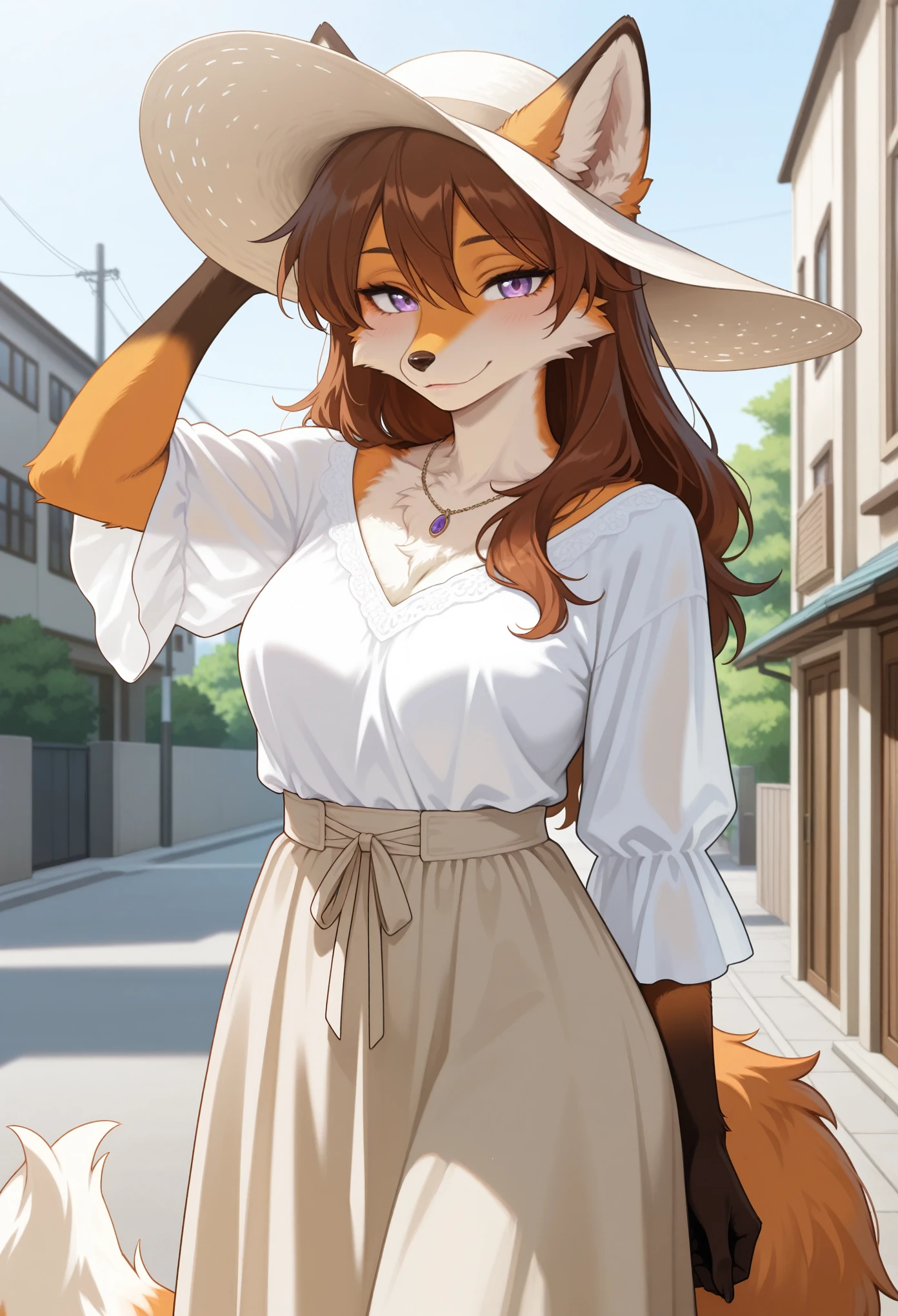 masterpiece, best quality, amazing quality, safe, furry, furry female, fox girl, mature female, light smile, hand on own head, looking at viewer, brown hair, long hair, purple eyes, (orange fur), fluffy fur, detailed fur, medium breasts, sun hat, necklace, loose clothes, white blouse, high waist skirt, long skirt, outdoors, neighborhood, (anime screencap:1.1)