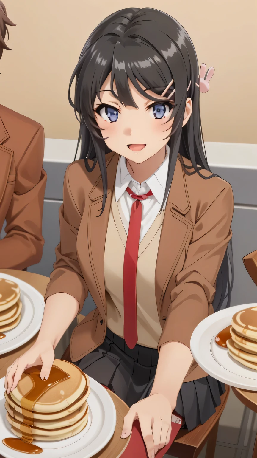 {{{masterpiece}}}, (best quality:1.5), (ultra-detailed:1.5), {illustration}, {{an extremely delicate and beautiful}}, (beautiful detailed eyes:1.6), absurdres, highres, extremely detailed face, 16k, hd, visual anime de uma jovem mulher, extremamente bonito rosto de anime, anime melhor garota, (perfect hands, perfect anatomy), anime face, sakurajima mai(Rascal Does Not Dream of Bunny Girl Senpai), Eft_bunny_mai, 1girl, solo, cute face, long hair, (black hair:1.5), bangs, sidelocks, hair ornament, hairclip, rabbit hair ornament, (purple eyes:1.1), large breasts, BREAK, {school uniform}, (brown jacket:1.5), open jacket, long sleeve, brown sleeve, white shirt, collared shirt, red necktie, vest, vest tuck out, pleated skirt, miniskirt, blue skirt, BREAK, 1gril, solo, smiling, looking at viewer, open mouth, flushed cheeks, coffee shop, Inside store, sitting, table, smile, (food:1.5), (Pancakes on the table:1.5), (eating:1.5)