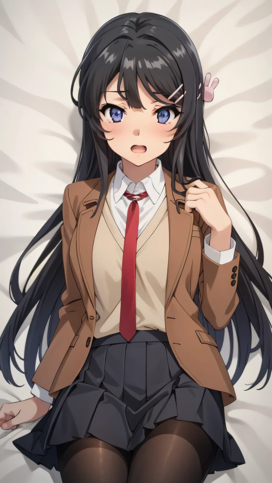 {{{masterpiece}}}, (best quality:1.5), (ultra-detailed:1.5), {illustration}, {{an extremely delicate and beautiful}}, (beautiful detailed eyes:1.6), absurdres, highres, extremely detailed face, 16k, hd, visual anime de uma jovem mulher, extremamente bonito rosto de anime, anime melhor garota, (perfect hands, perfect anatomy), anime face, sakurajima mai(Rascal Does Not Dream of Bunny Girl Senpai), Eft_bunny_mai, 1girl, solo, cute face, long hair, (black hair:1.5), bangs, sidelocks, hair ornament, hairclip, rabbit hair ornament, (purple eyes:1.1), large breasts, big hips, curvaceous, BREAK, {school uniform}, (brown jacket:1.5), open jacket, long sleeve, brown sleeve, white shirt, collared shirt, red necktie, vest, vest tuck out, pleated skirt, miniskirt, blue skirt, black pantyhose, thighs, zettai ryouiki, BREAK, lying, on back, open mouth, embarrassed, naughty expression, embarrassed, flushed cheeks, looking at viewer, on the bed, Dakimakura, CarnelianDakimakura