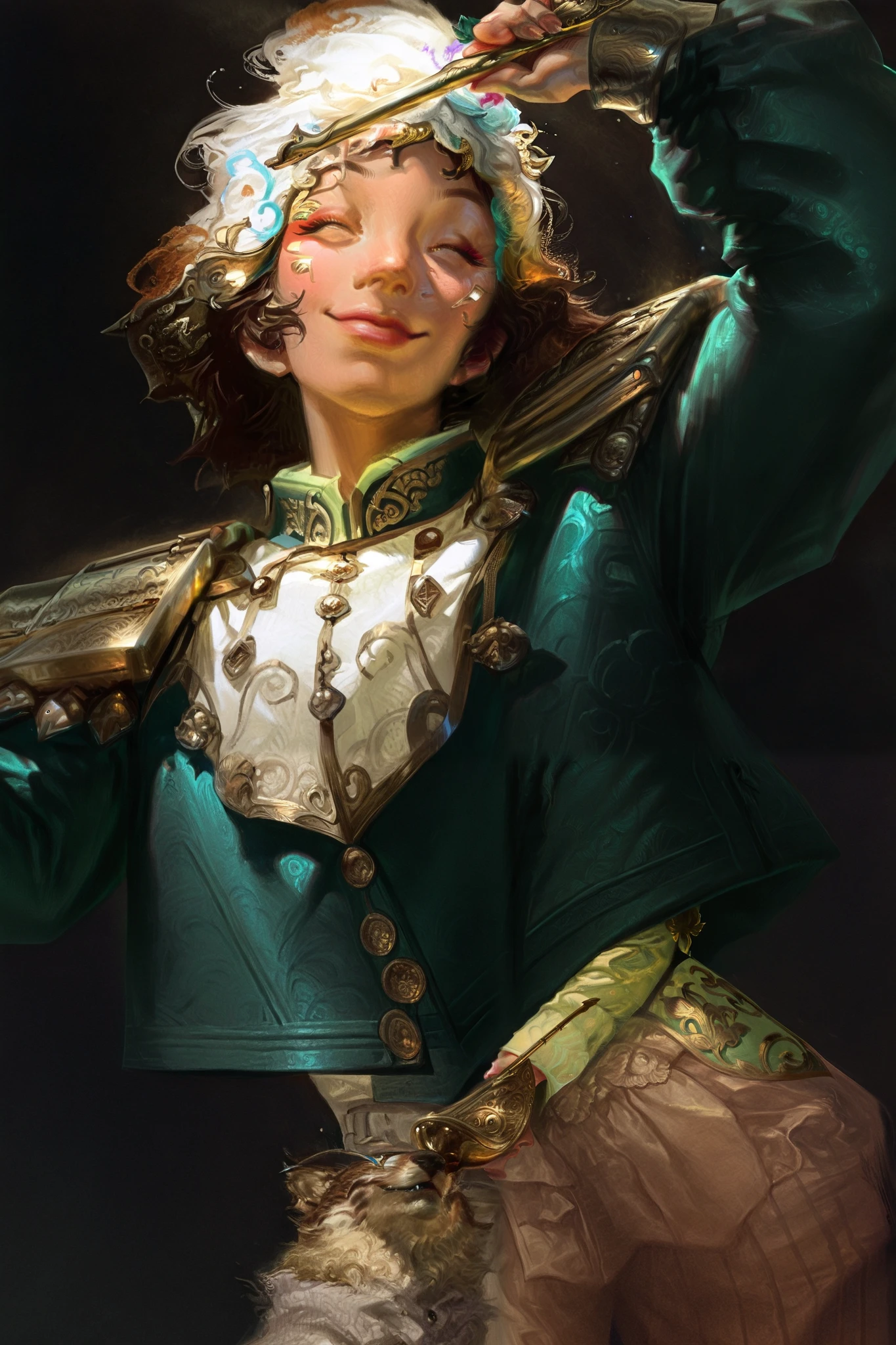 HDR, 8K, high contrast, masterpiece, best quality, amazing quality, very aesthetic, traditional paint artstyle, realistic, newest, Kinu Nishimura, Antonio J. Manzanedo
BREAK
Young woman (ethnicity:1.2), (age:1.1), (detailed clothing:1.2), (accessories:1.1) in a formal outfit, (detailed skin texture:1.2), (facial features:1.3), (expression:1.2) of serene concentration, conducting an orchestra, (pose:1.2), centered in the frame, facing forward, holding a conductor's baton, (body type:1.1), wearing a dark green jacket with gold trim, light beige/cream-colored shirt underneath, (detailed clothing:1.2). Richly detailed, oil painting style. Dark background, focused lighting on the subject from the front-center. Soft lighting illuminates the subject's face and hands, and clothes. Precise brushstrokes, fine details in hair. Composition is vertical portrait format, close-up perspective. Warm color palette with shades of dark green, gold, beige, and cream, and brown tones. Photorealistic style, oil painting style, historical portrait style. Precise detail in facial expressions and hand movements., warm smile, warm light, historical style, oil painting, with visible brushstrokes, composition is dynamic, strong visual focus, pastel-like colors, slightly golden-tone lighting, atmospheric, outdoors.