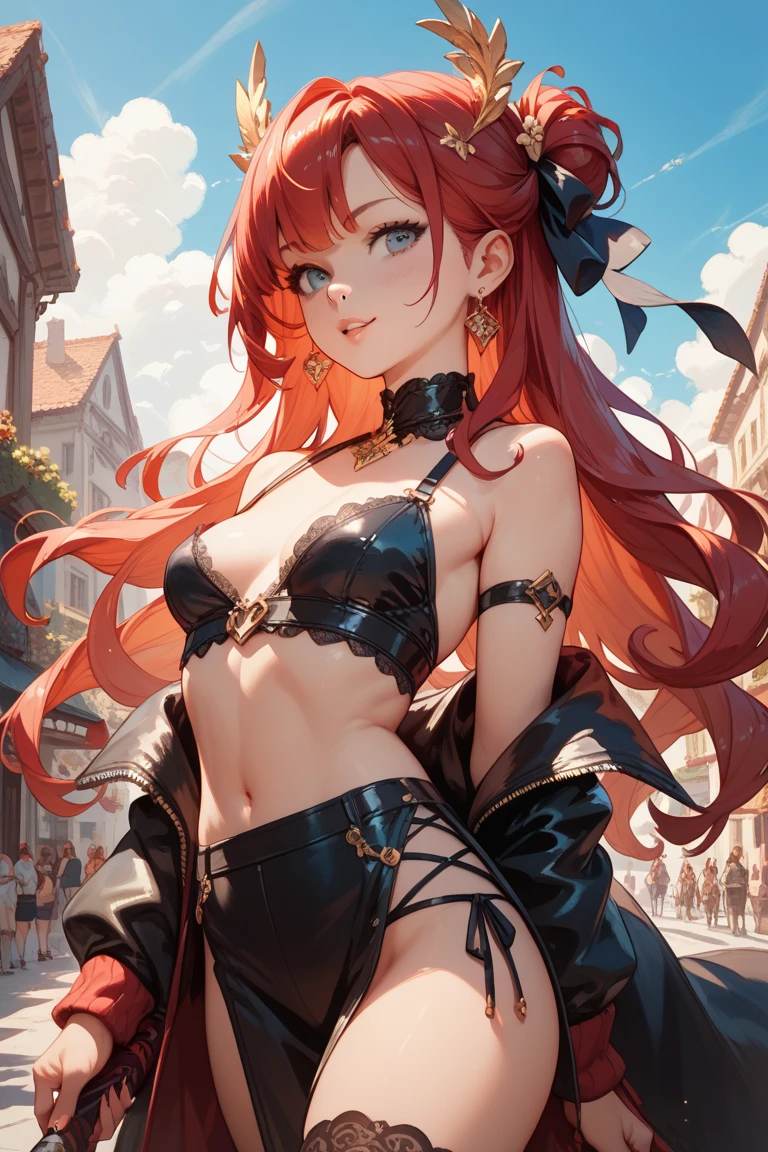 A woman in a black and red dress holds a pole., Charming anime girl, Kuchart Krenz Key Art Feminine, anime goddess, Sexy maid in the magical forest, maAlso kitagawa fanart, Very detailed RTM pathogen., [ digital art 4k ]!!, Anya from spy x family, Also, (NRF) safe for work, cyaAlsoe, big breasts, realistically, Young woman