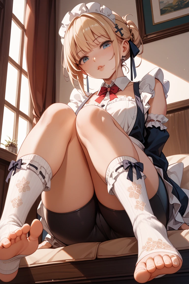 (footjob), Masterpiece、Highest quality、Highest quality, (long and thin legs, shoes:1.2), Arm behind wrist, squat、Spread your legs、1 girl, (smile、Open your mouth大笑い:1.2), Cute eyes, (Detailed face:1.3)、Open your mouth, The whole face turns red, alone, Big and ample breasts, (Straight bangs, Twin tails), White maid outfit、Side bust、Underbust、belly button、Walking through the mansion&#39;corridor、nsfw、shoes下