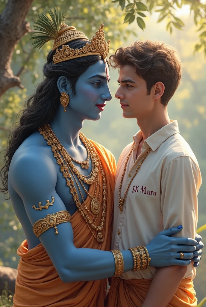 Make a realistic picture in which a 20 year old boy is sitting on a swing with 30 year old Shri Krishna ji and his shirt is purple and the name Karan swami is written on his shirt and there is a beautiful garden in the background.