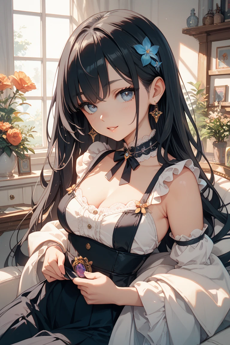 ((Highest quality)),(Ultra-high resolution),(Very detailed),(Detailed Description),((The best CG)),(A masterpiece),Ultra-detailed art,Amazing painting art,(Art with precise detail:1.5), (Adult female:1.6),(Beautiful and well-proportioned face:1.3),(dress:1.6), (Flower cage:1.8)