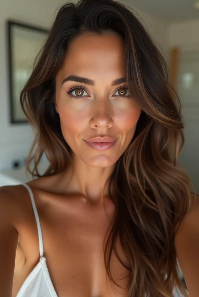 Arafed femme âgée de 50 ans nue, fille sexy aux yeux bruns avec de gros seins et de belle forme, cheveux bruns et grands yeux, selfie d&#39;une femme, Yeux de chambre, sans maquillage, maquillage naturel, regarder directement la caméra, Visage avec Artgram, Maquillage subtil, Superbe photo du corps entier, dans la chambre, clivage