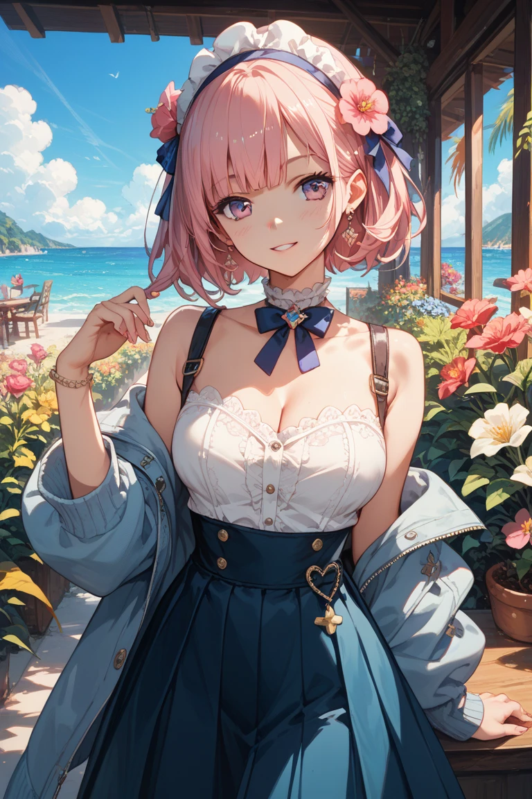 ((cropped blazer)), ((short sleeve)), ((open_clothes)), ((No_collar:1.5)), ((Tight Skirt)), 4 defined fingers, 1 defined thumb, looking at viewer, solo, 1 woman, 25 years old, AI generated, highest quality, masterpiece, skindentation, perfect face, 8k , cowboy shot, short hair, (pink hair1.5), bob cut, black eye, smile, thin thighs, medium breasts, perfect limbs, sexy, (visible nipples:0.7), (camel toe:0.5), pantyhose, (()), ((bright seaside)),