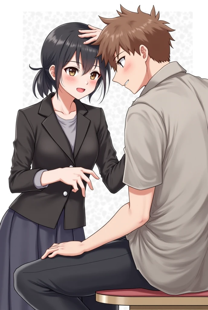 1,The woman turns to the man and shakes his hand.. at a desk while sitting in a chair. But her face is turned upwards and she is talking to the other person.. (Man stands.)
2,woman is bored, But she&#39;s wearing casual clothes, Mainly skirts.
3, The woman has the best smile.
4,men are dressed casually, common in denim, And also smiling.
5,The place is a small handshake venue., Surrounded by white walls, With an all-white interior, Many fans lined up.
