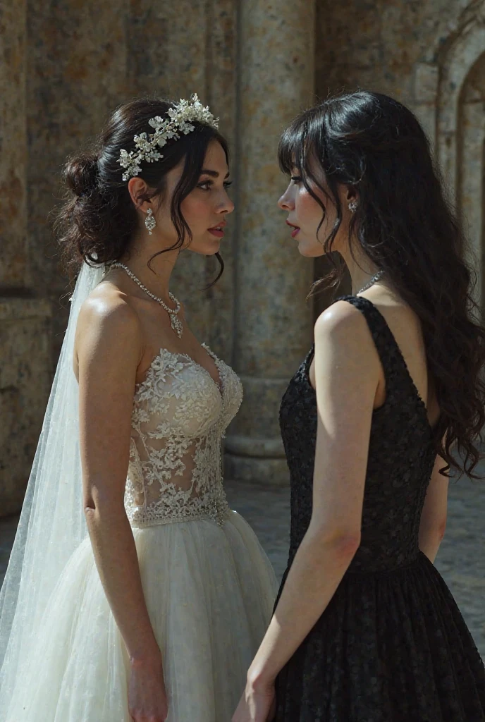 Albanian, girl, long brown hair, blue eyes, Brunettes, See-through gowns, Vestal virgins, Old Greece, Ethereal beauty, Ancient attire, Mystical aura, Classical elegance, Transparent garments, Timeless allure, 2 girls who gets married and stands in front of many people, nsfw, kissing,