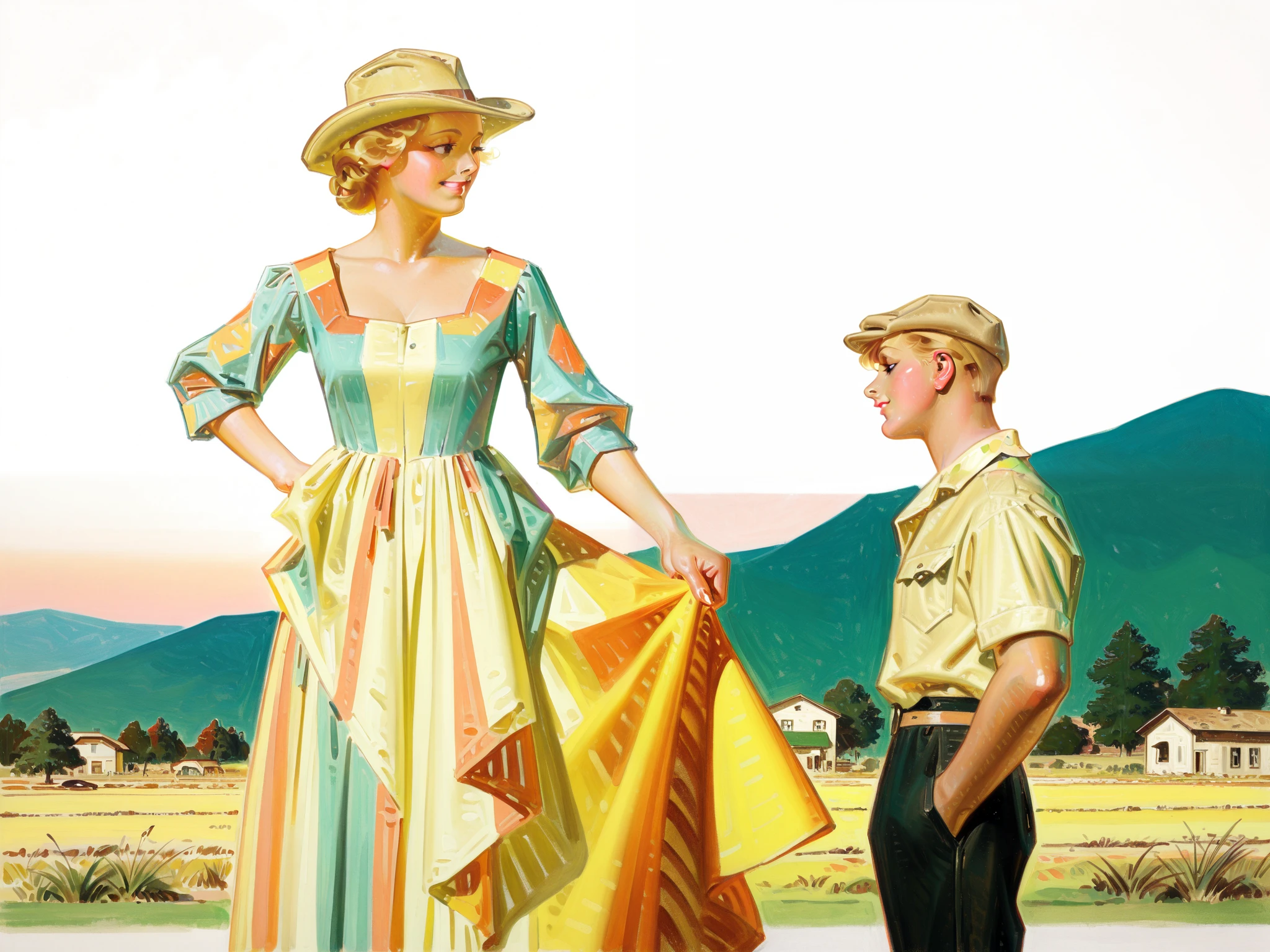 HDR, 8K, high contrast, masterpiece, best quality, amazing quality, very aesthetic, traditional paint artstyle, realistic, newest, Kinu Nishimura, Antonio J. Manzanedo
BREAK
a blonde woman standing in a farm, flowing dress, farmer's hat, holding onto hat, looking to side, warm smile, warm light, historical style, oil painting, with visible brushstrokes, composition is dynamic, strong visual focus, pastel-like colors, slightly golden-tone lighting, atmospheric, outdoors.