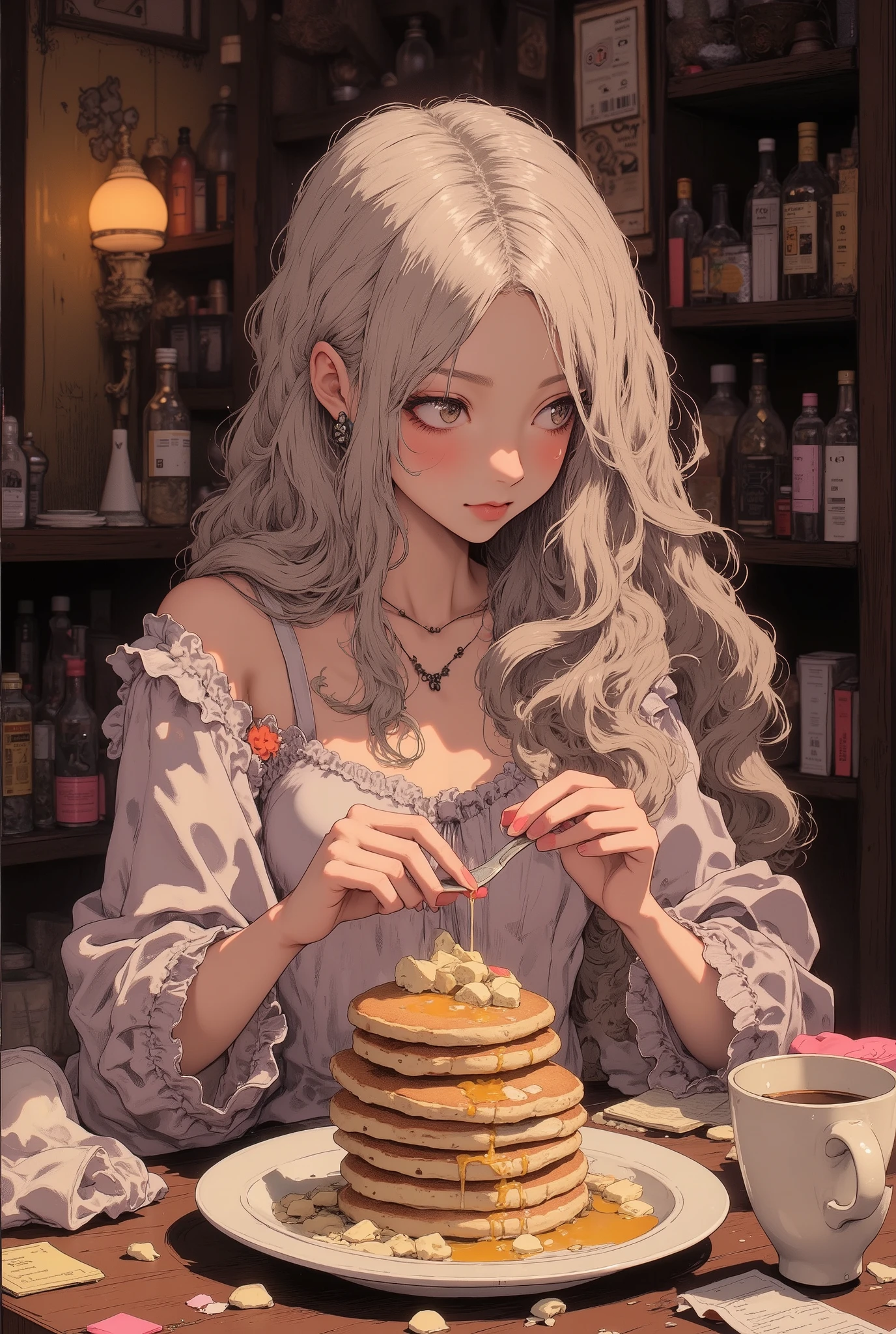 (((dramatic angle))), ultra-realism, close up :1.6, pancake focus, pancake 1.8, ((Pupil details, sparkling eyes)), grin, thick lips, open mouth, profile, (((side view))), from side, high quality, 1 girl, soft silver medium length hair, Muddy pink off-shoulder blouse, beautiful detailed, beautiful hair, ((five fingers)), Anatomically correct, woman eating pancakes, sitting on chair in front of table, stylish and beautiful, she are eating a slice of pancake with a fork, cream for the mouth, leftover pancakes that were cut off on the table, pancakes covered with plenty of syrup and butter, coffee, stylish cafe, cinematic lighting, upper body, high Definition model, high detail, (((The textures are soft))), ((matte and toy-like with a handmade premium look)), (((Tim Burton style))), beautiful woman, perfect body, anime style, simple lines, (intricate details:1.1),