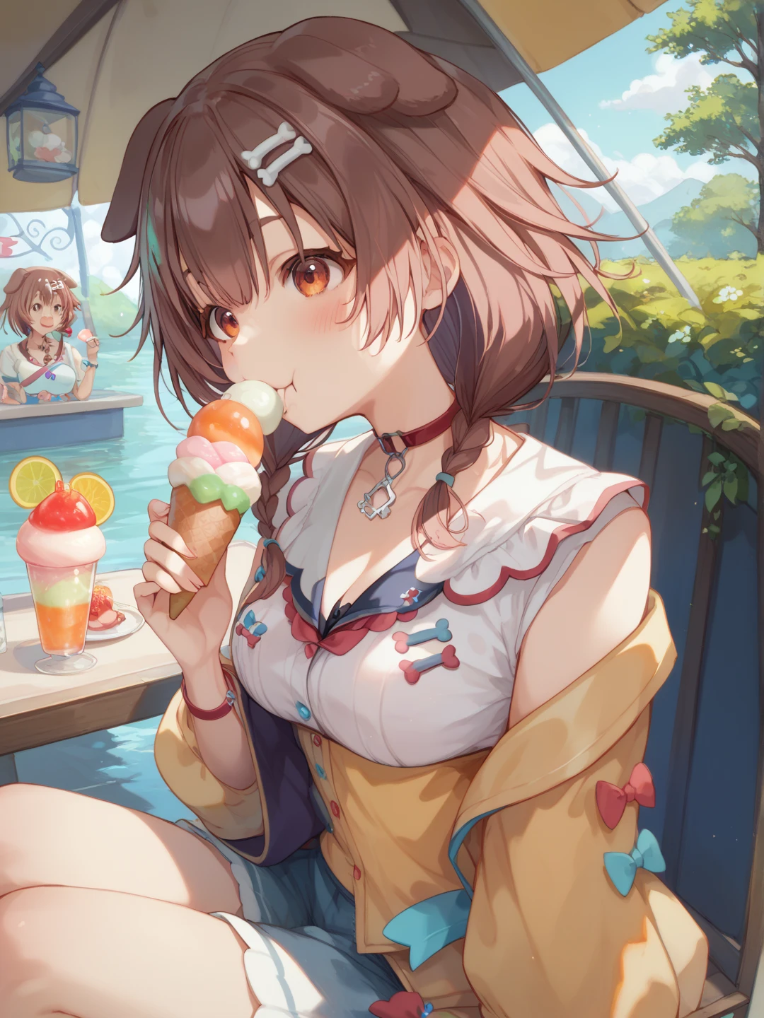 alone, One girl, Yunyun、blush 、View your viewers, Crown braids of the same color as your hair, Red Eyes、hair ornaments, Hair Ribbon, (White and pink bikini)、(Eating shaved ice with a spoon by the pool)、(Painful expression:1.5)、