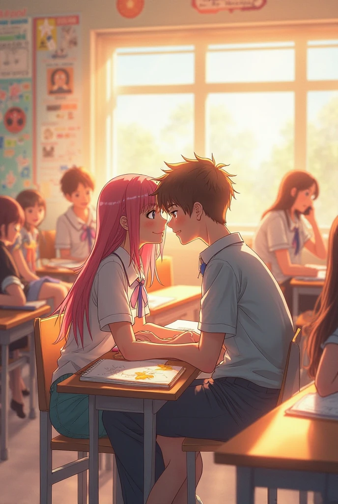 Anime girl talking to a boy in front and standing with other students sitting in the background