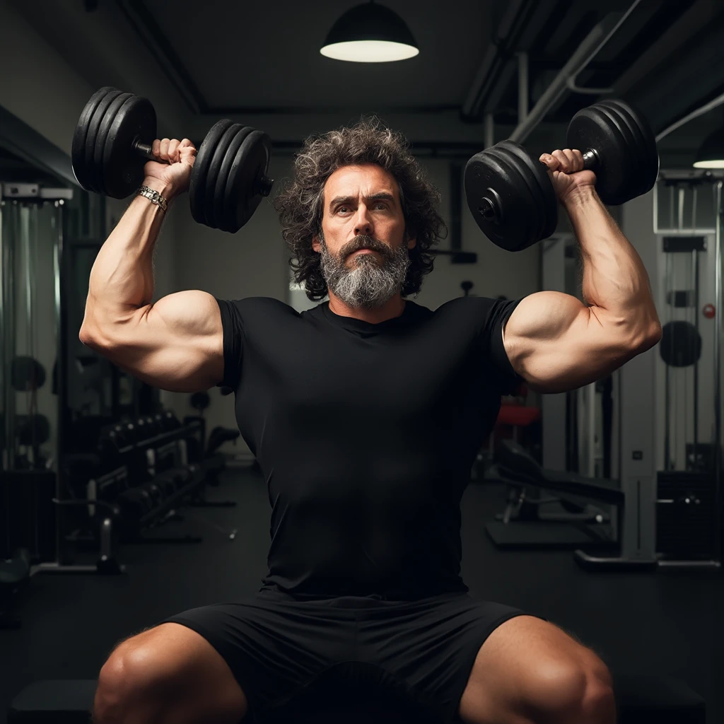 A fit man, working-out at the gym, (expression of focus), serious face, focused expression, 40 years old, realistic, (he is wearing a baggy panties), (gym), full body shot, he is wearing tank top, soft panties, totally loose on the private parts, facing camera, hair messy, detailed face, masterpiece