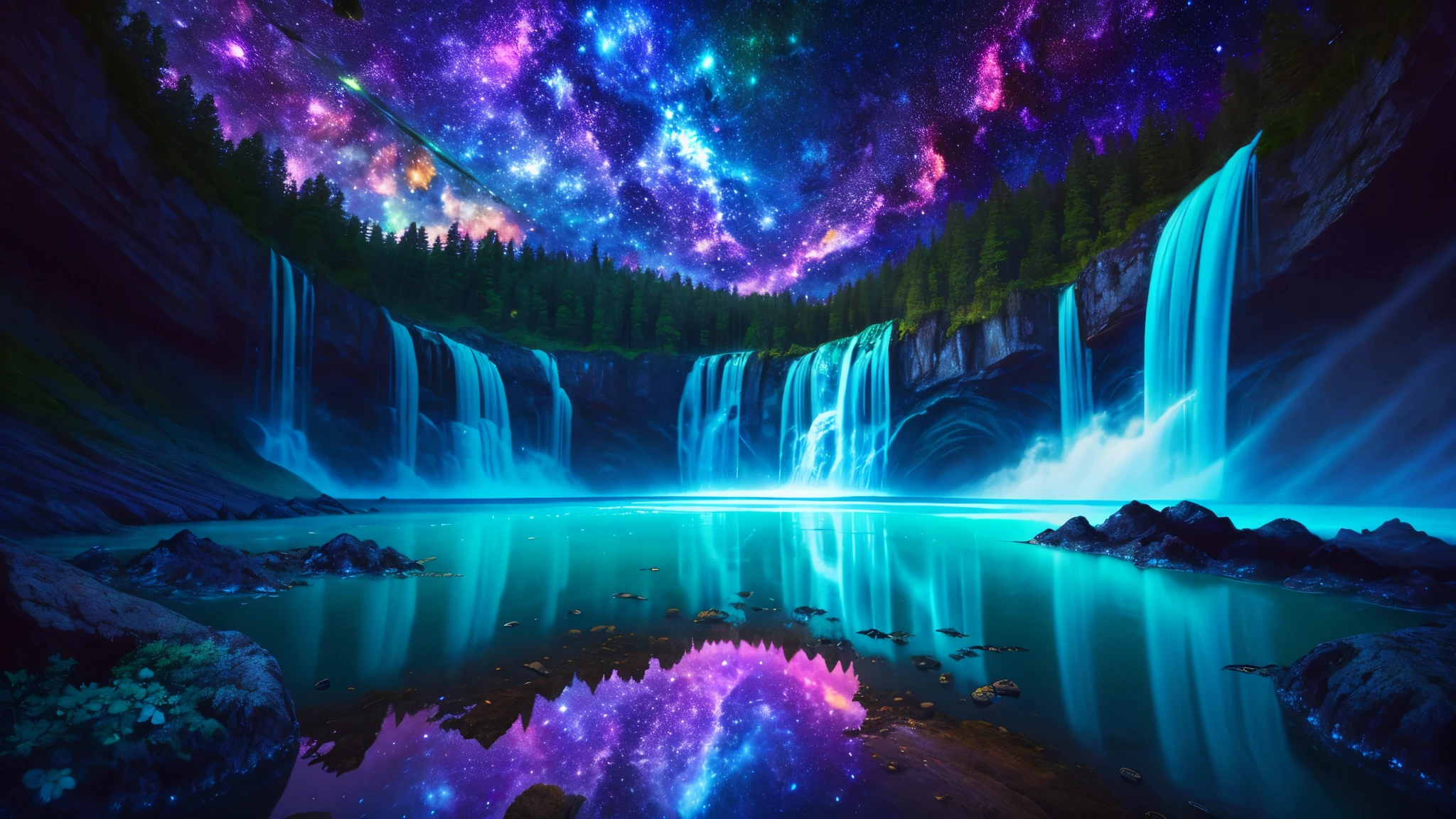 Majestic Atmosphere ,Vast Sky,( very beautiful artistic watercolor painting ), beautiful nature ,Very big and beautiful sky,\(( very elaborate and beautiful galaxy reflection:1.4)\),(many waterfalls lined up),Lots of Flow,Glowing moss ,shining rock face,fantasy,twinkling mystical light ,reflection, quality\(8k, very well detailed傑作, high resolution,top- quality,super real, increase resolution , RAW photo ,beste quality, very well detailed \)